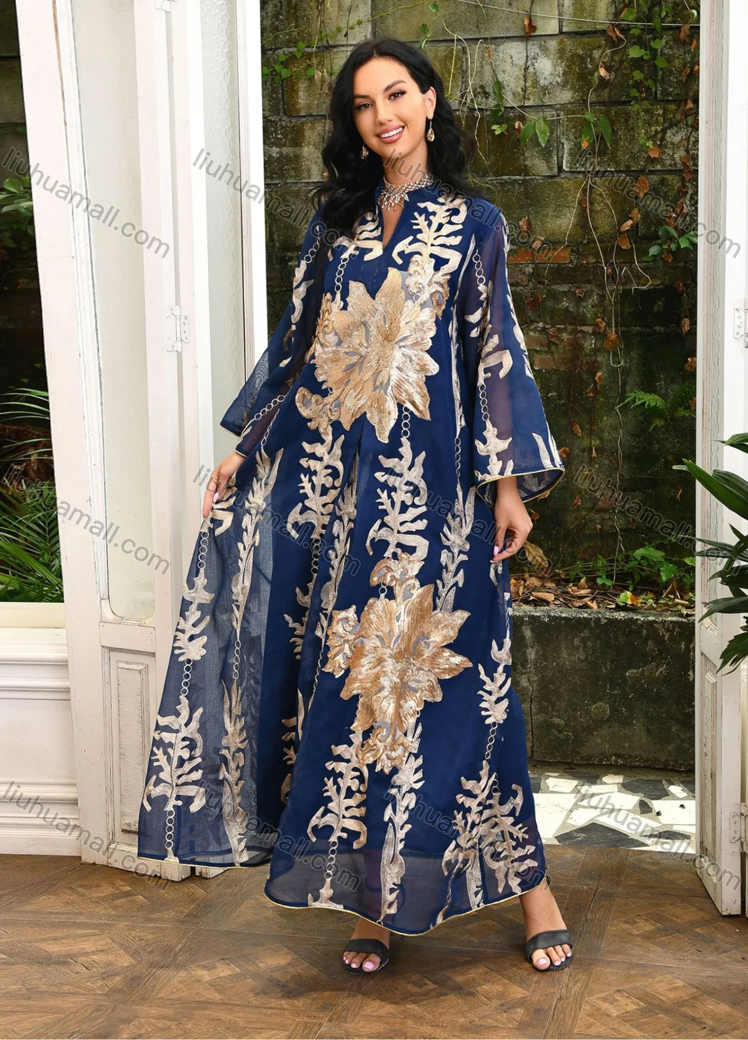 Wholesale Women's Elegant Muslim Appliques Sequin Floral Embroidery Notched Collar Long Sleeve Dubai Abaya Maxi Dress - Liuhuamall