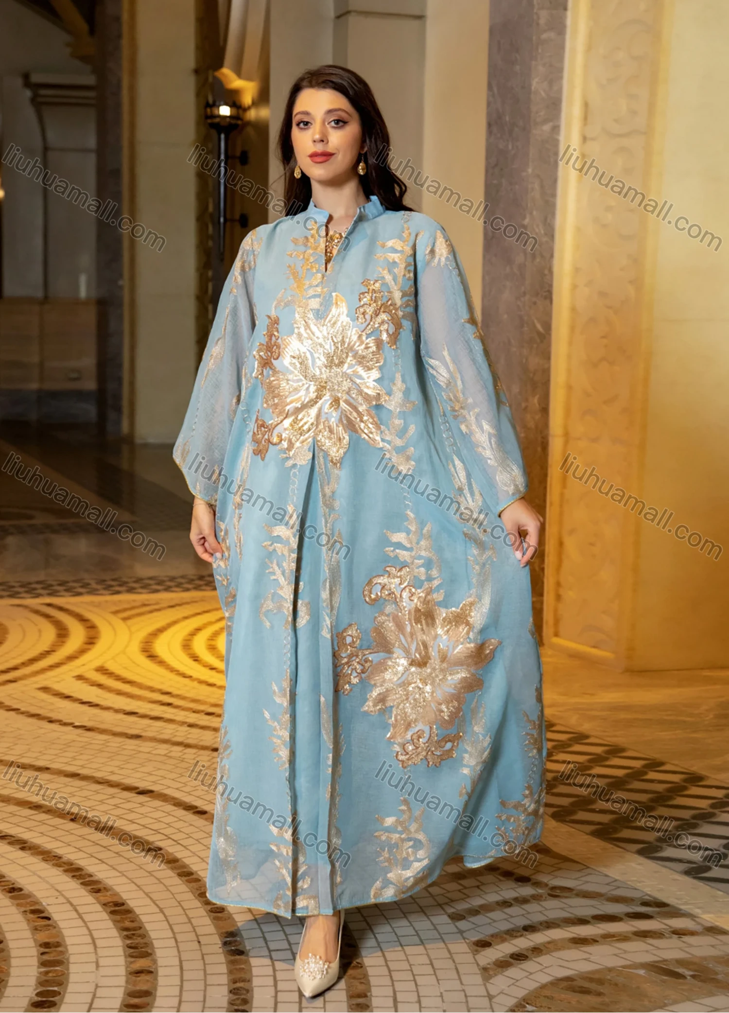 Wholesale Women's Elegant Muslim Appliques Sequin Floral Embroidery Notched Collar Long Sleeve Dubai Abaya Maxi Dress - Liuhuamall
