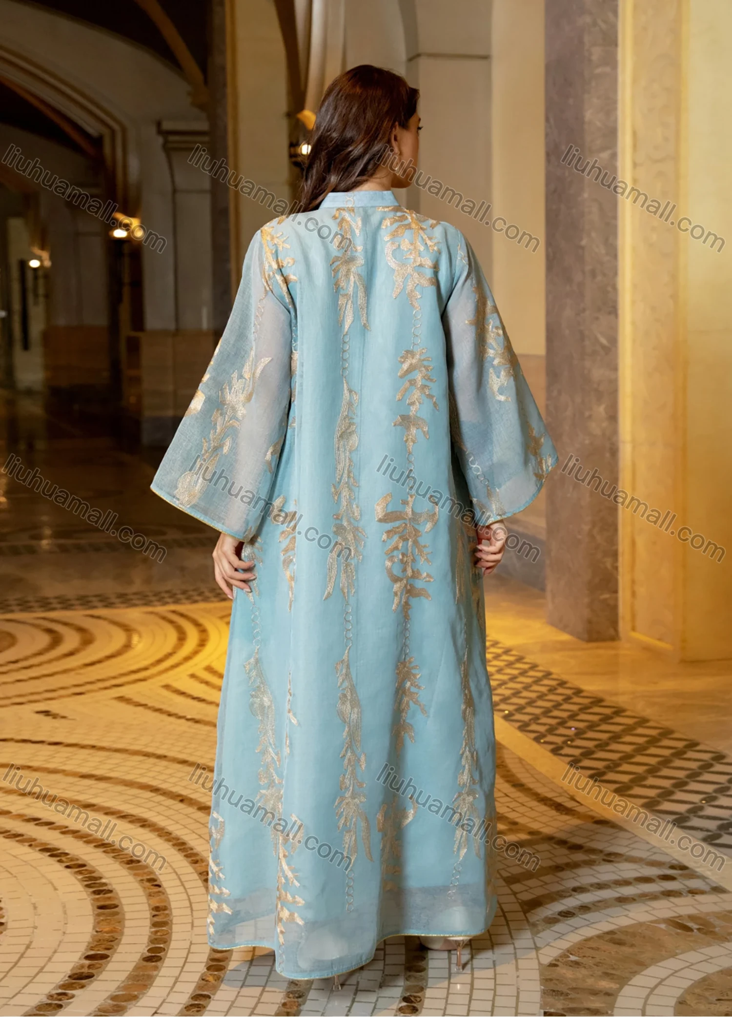 Wholesale Women's Elegant Muslim Appliques Sequin Floral Embroidery Notched Collar Long Sleeve Dubai Abaya Maxi Dress - Liuhuamall