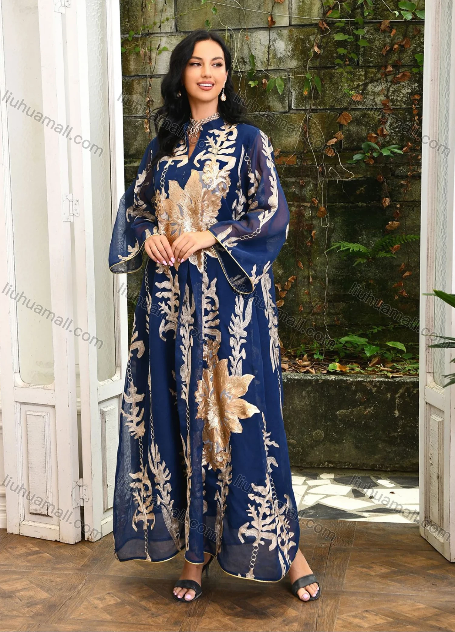 Wholesale Women's Elegant Muslim Appliques Sequin Floral Embroidery Notched Collar Long Sleeve Dubai Abaya Maxi Dress - Liuhuamall