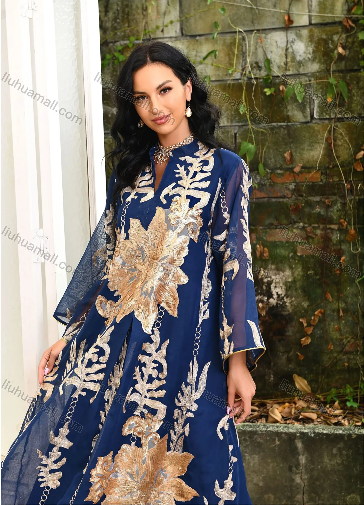 Wholesale Women's Elegant Muslim Appliques Sequin Floral Embroidery Notched Collar Long Sleeve Dubai Abaya Maxi Dress - Liuhuamall