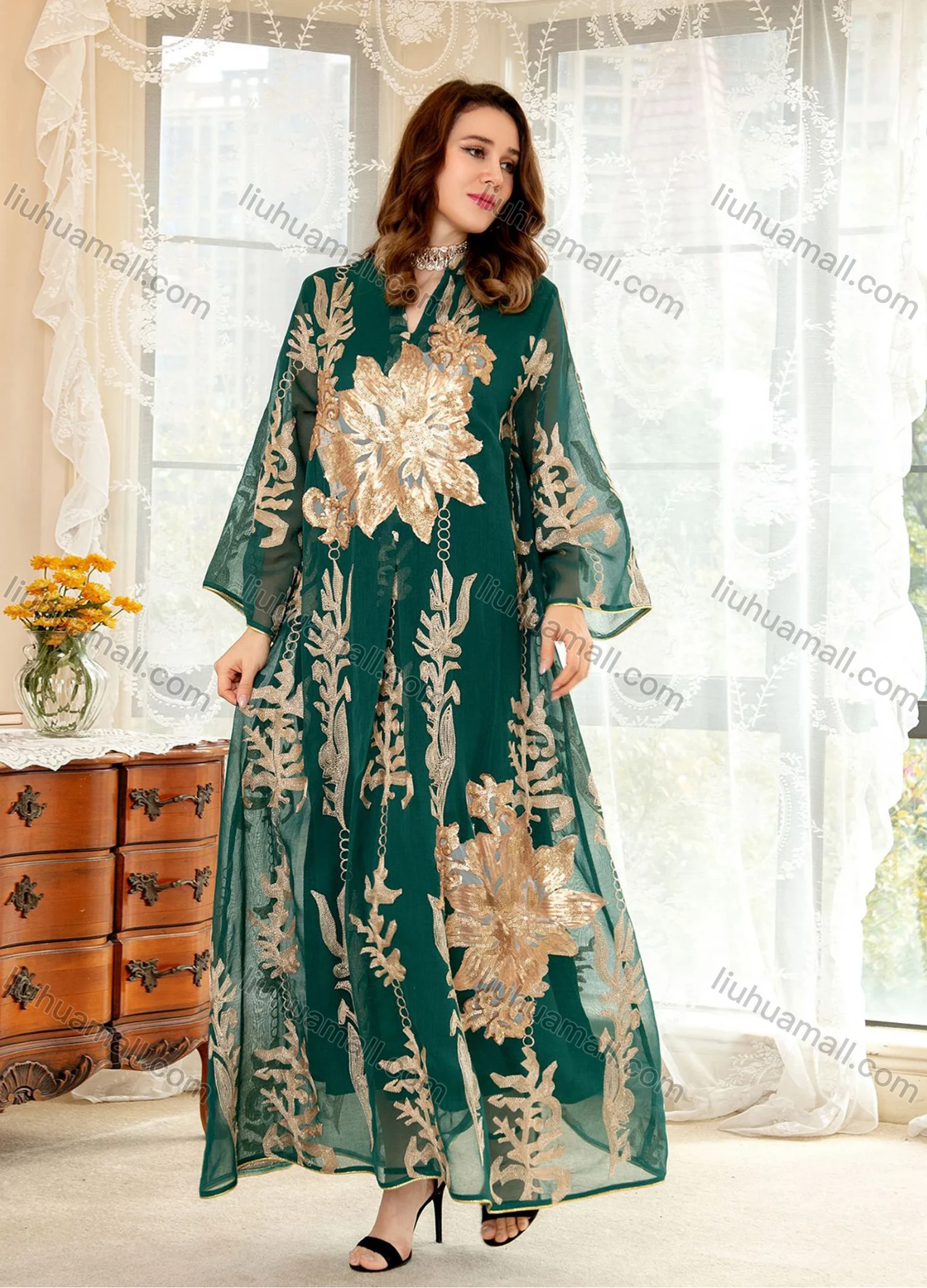 Wholesale Women's Elegant Muslim Appliques Sequin Floral Embroidery Notched Collar Long Sleeve Dubai Abaya Maxi Dress - Liuhuamall