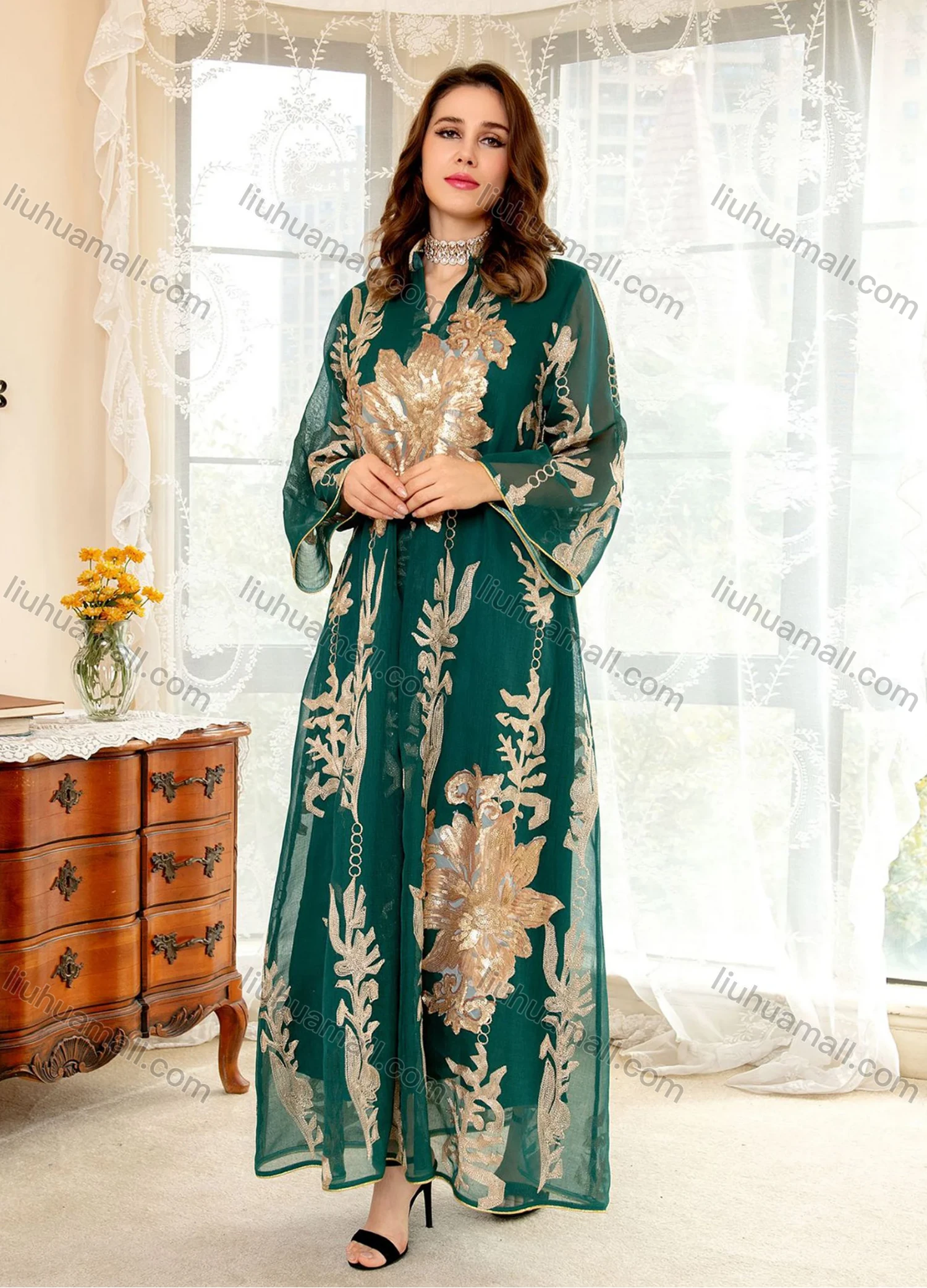 Wholesale Women's Elegant Muslim Appliques Sequin Floral Embroidery Notched Collar Long Sleeve Dubai Abaya Maxi Dress - Liuhuamall