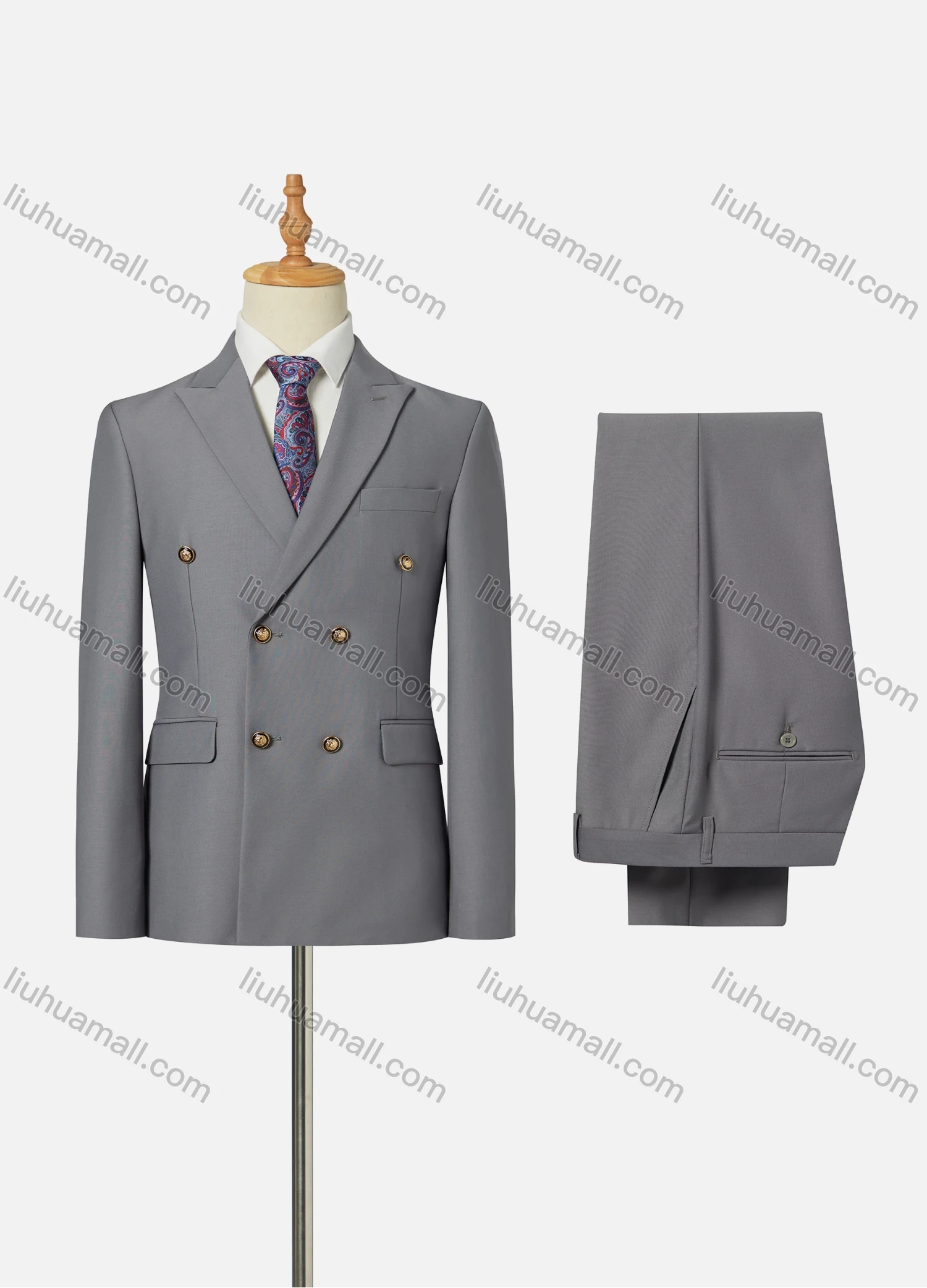 Wholesale Men's Business Lapel Double Breasted Plain Flap Pockets Blazer Jacket & Pants 2 Piece Set - Liuhuamall