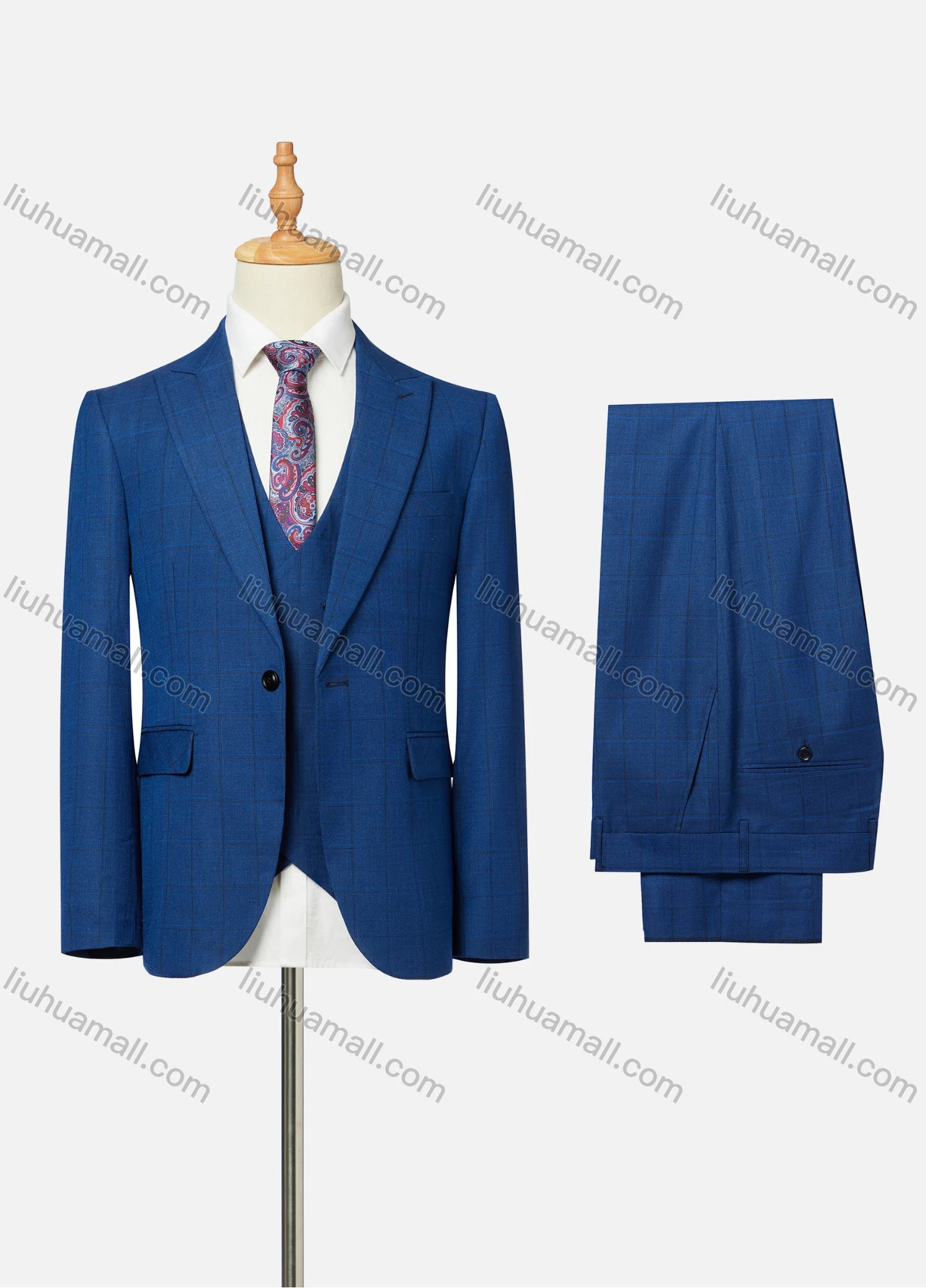 Wholesale Men's Business Lapel One Button Plaid Flap Pockets Blazer Jacket & Waistcoat & Pants 3 Piece Set - Liuhuamall