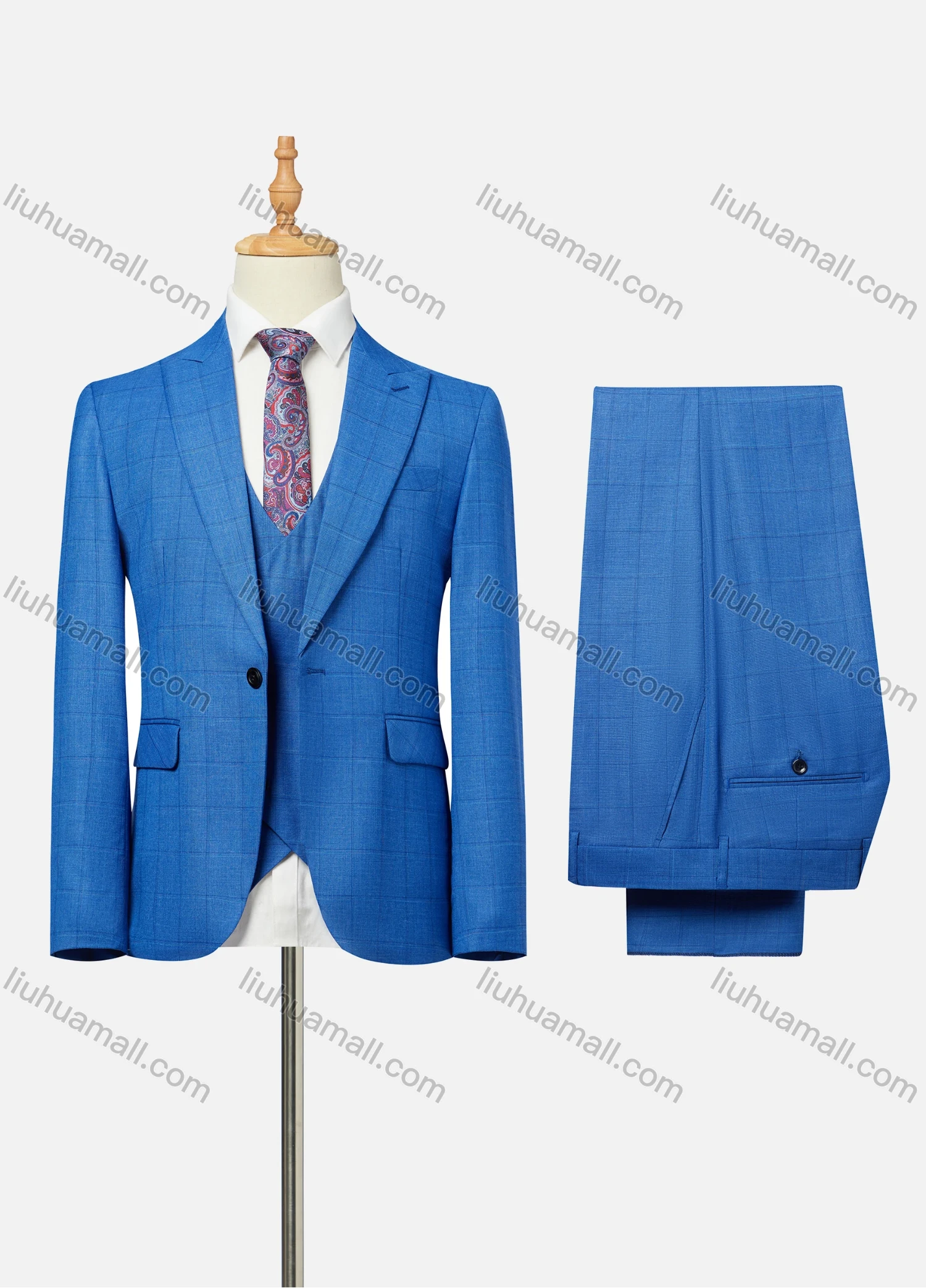 Wholesale Men's Formal Lapel One Button Plaid Flap Pockets Blazer Jacket & Waistcoat & Pants 3 Piece Set - Liuhuamall