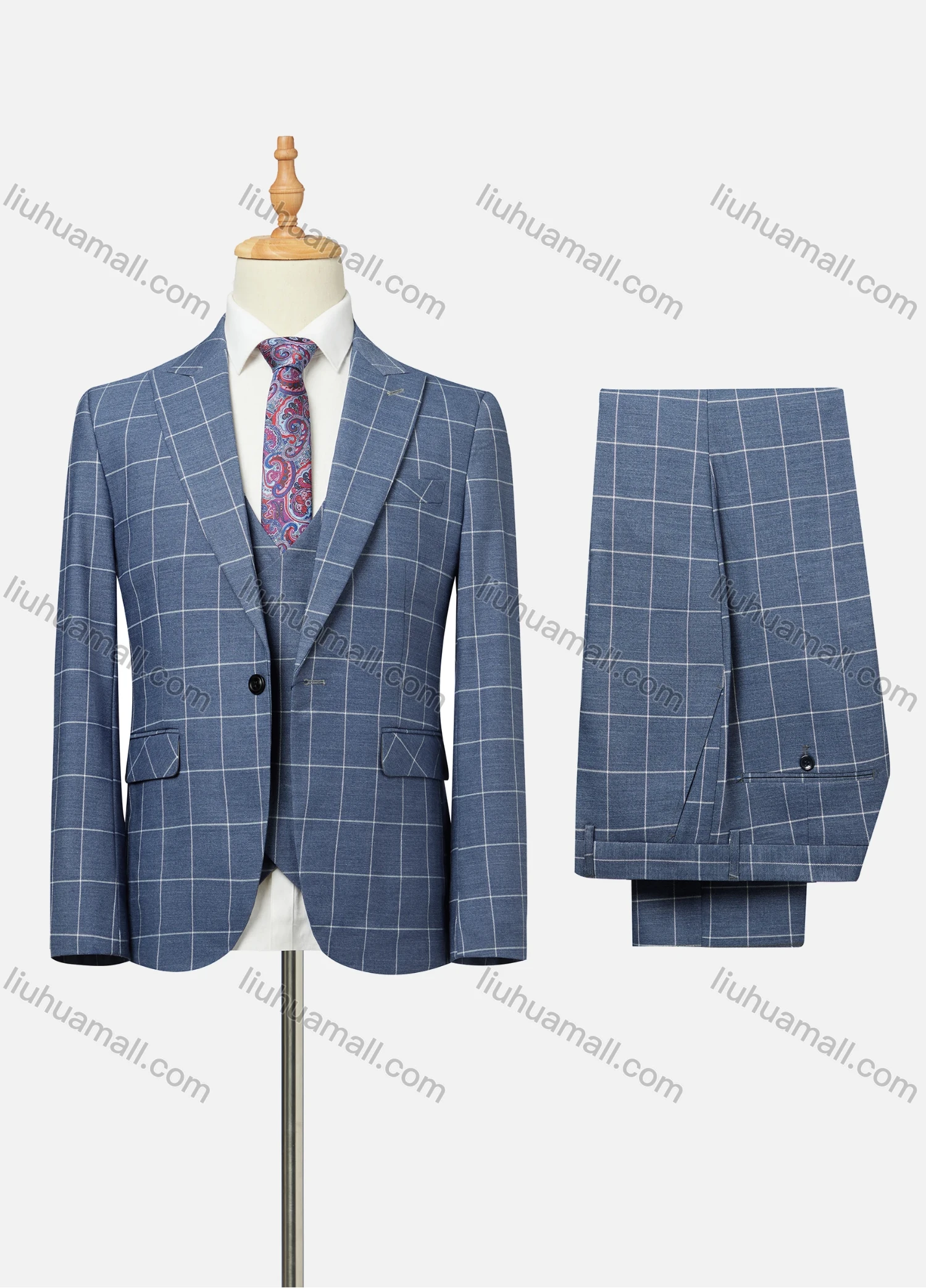 Wholesale Men's Business Lapel One Button Plaid Flap Pockets Blazer Jacket & Waistcoat & Pants 3 Piece Set - Liuhuamall