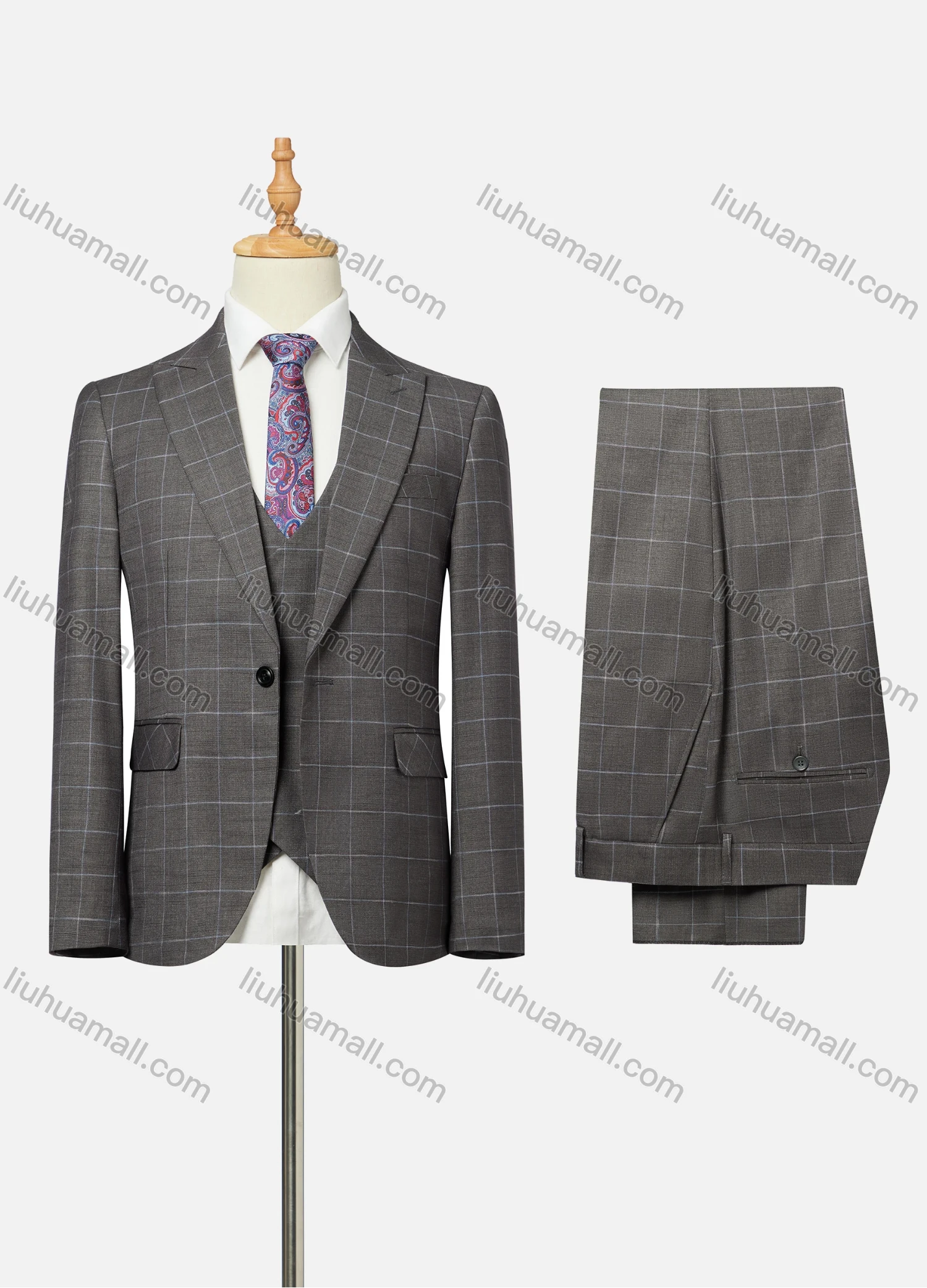 Wholesale Men's Business Lapel One Button Plaid Flap Pockets Blazer Jacket & Waistcoat & Pants 3 Piece Set - Liuhuamall