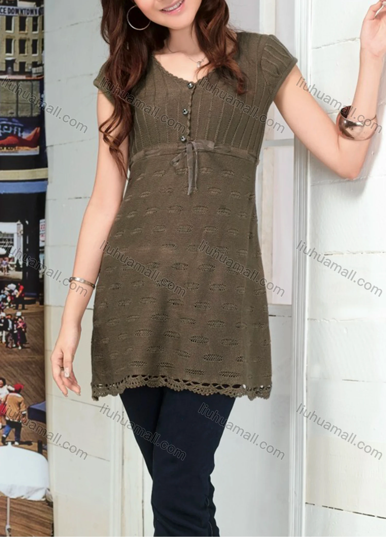 Wholesale Women's Casual Plain V Neck Short Sleeve Button Front Hollow Out Cable Knit Sweater Top 086# - Liuhuamall