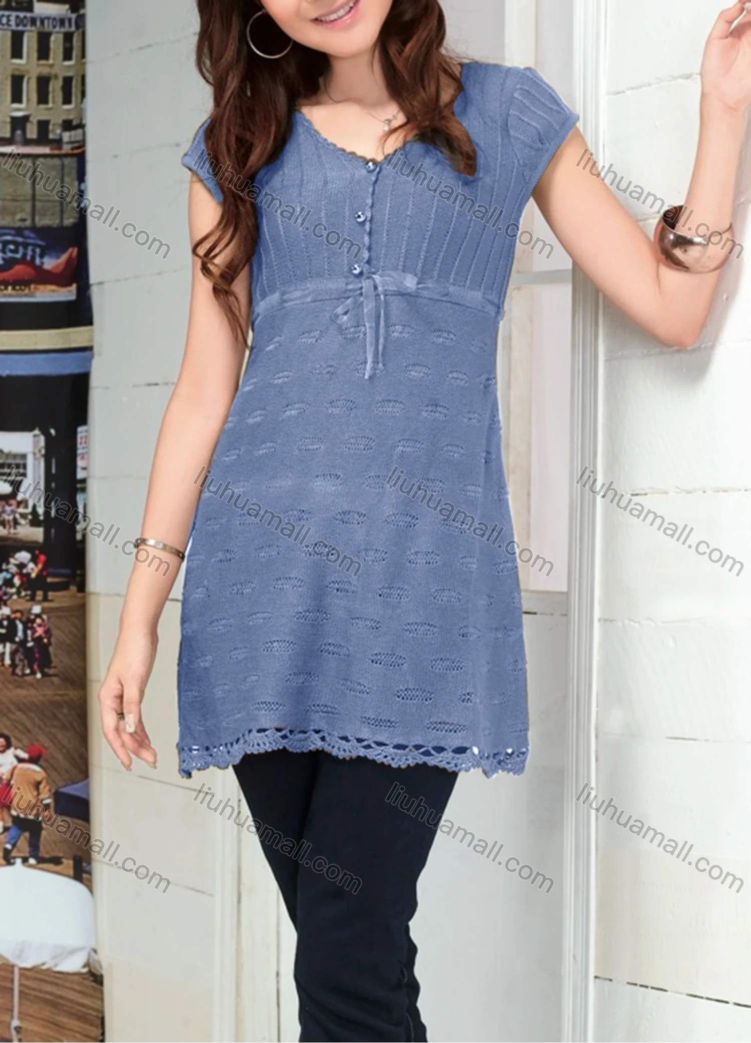 Wholesale Women's Casual Plain V Neck Short Sleeve Button Front Hollow Out Cable Knit Sweater Top 086# - Liuhuamall