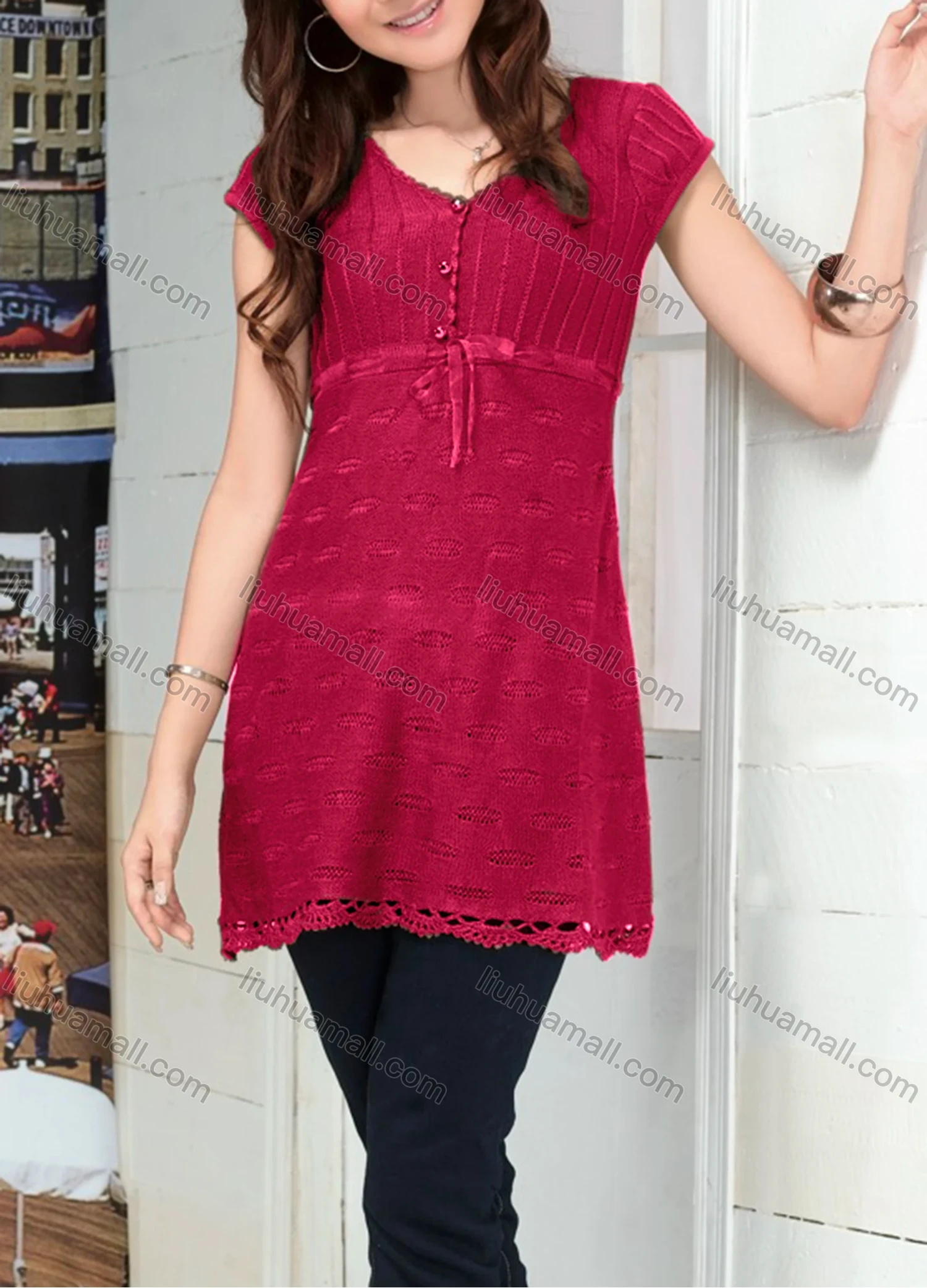 Wholesale Women's Casual Plain V Neck Short Sleeve Button Front Hollow Out Cable Knit Sweater Top 086# - Liuhuamall