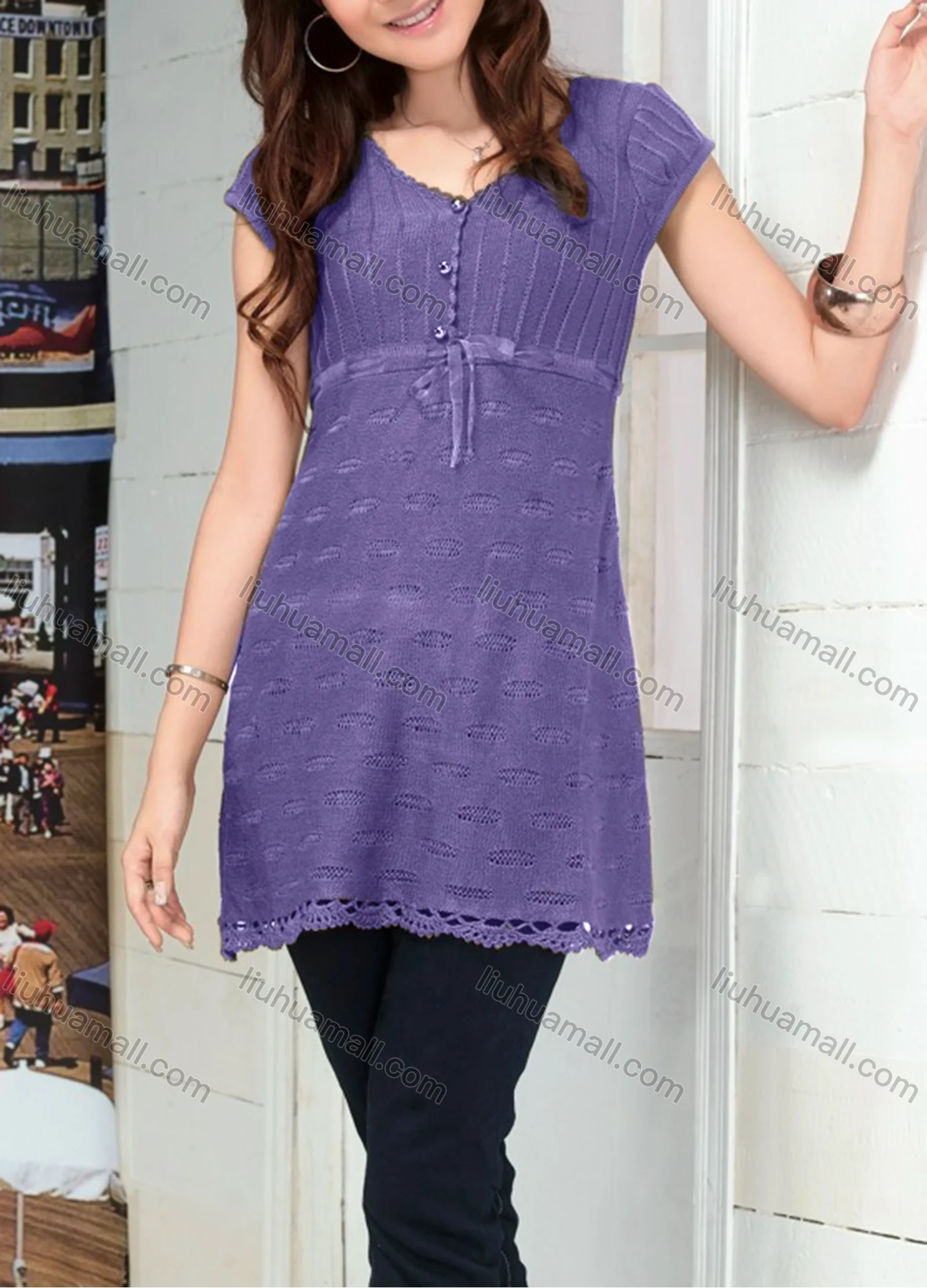 Wholesale Women's Casual Plain V Neck Short Sleeve Button Front Hollow Out Cable Knit Sweater Top 086# - Liuhuamall