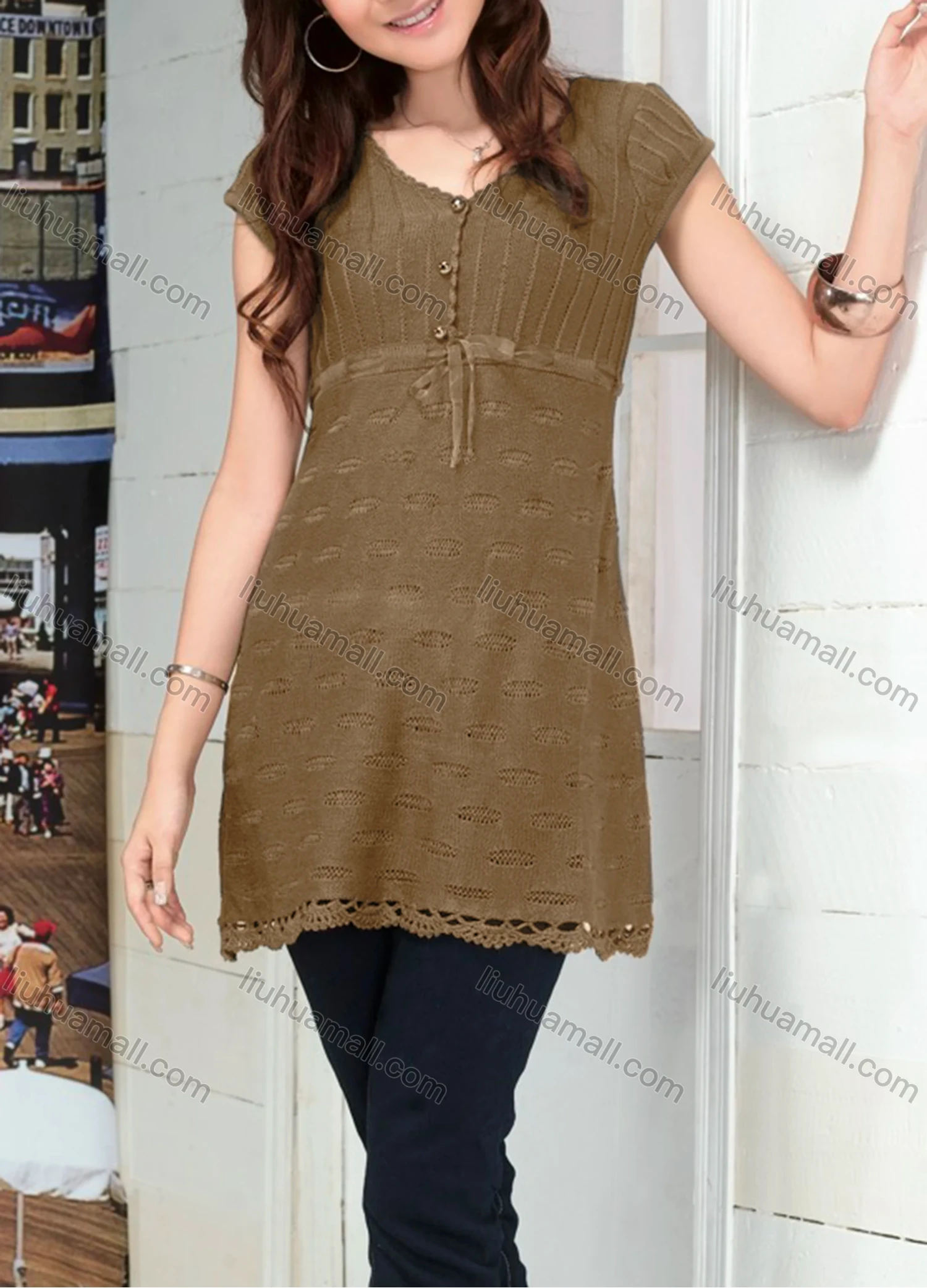 Wholesale Women's Casual Plain V Neck Short Sleeve Button Front Hollow Out Cable Knit Sweater Top 086# - Liuhuamall