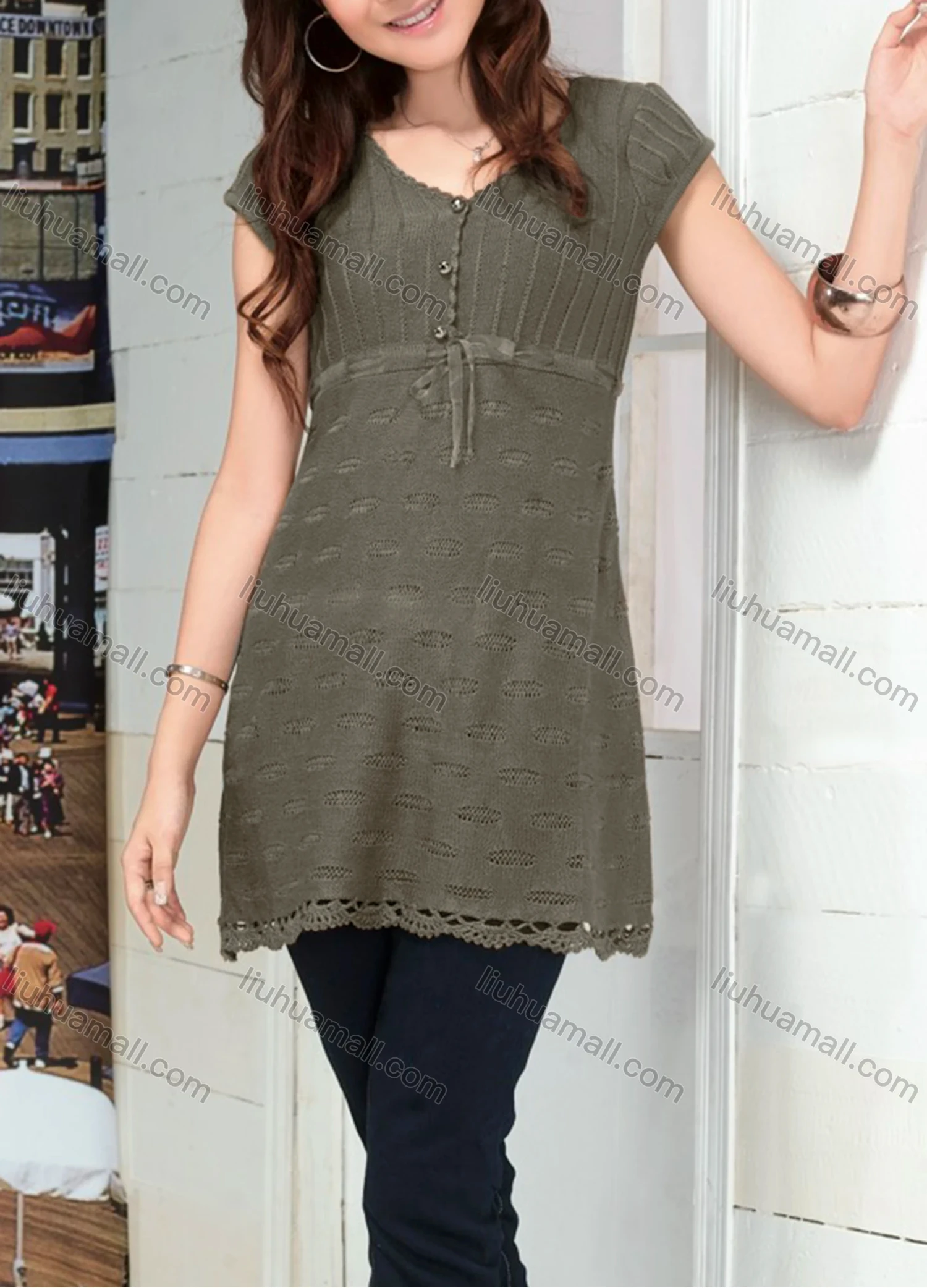 Wholesale Women's Casual Plain V Neck Short Sleeve Button Front Hollow Out Cable Knit Sweater Top 086# - Liuhuamall