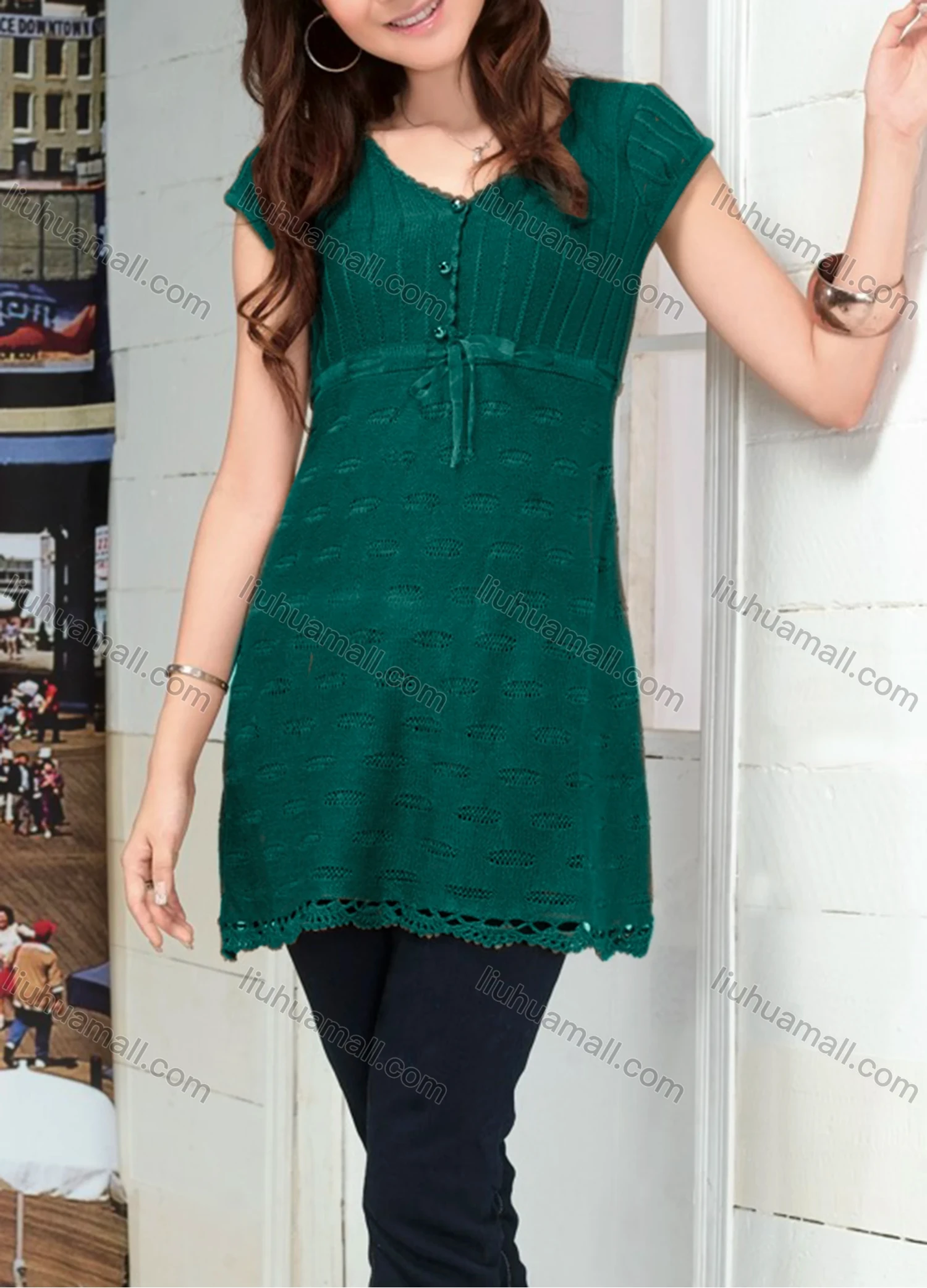 Wholesale Women's Casual Plain V Neck Short Sleeve Button Front Hollow Out Cable Knit Sweater Top 086# - Liuhuamall