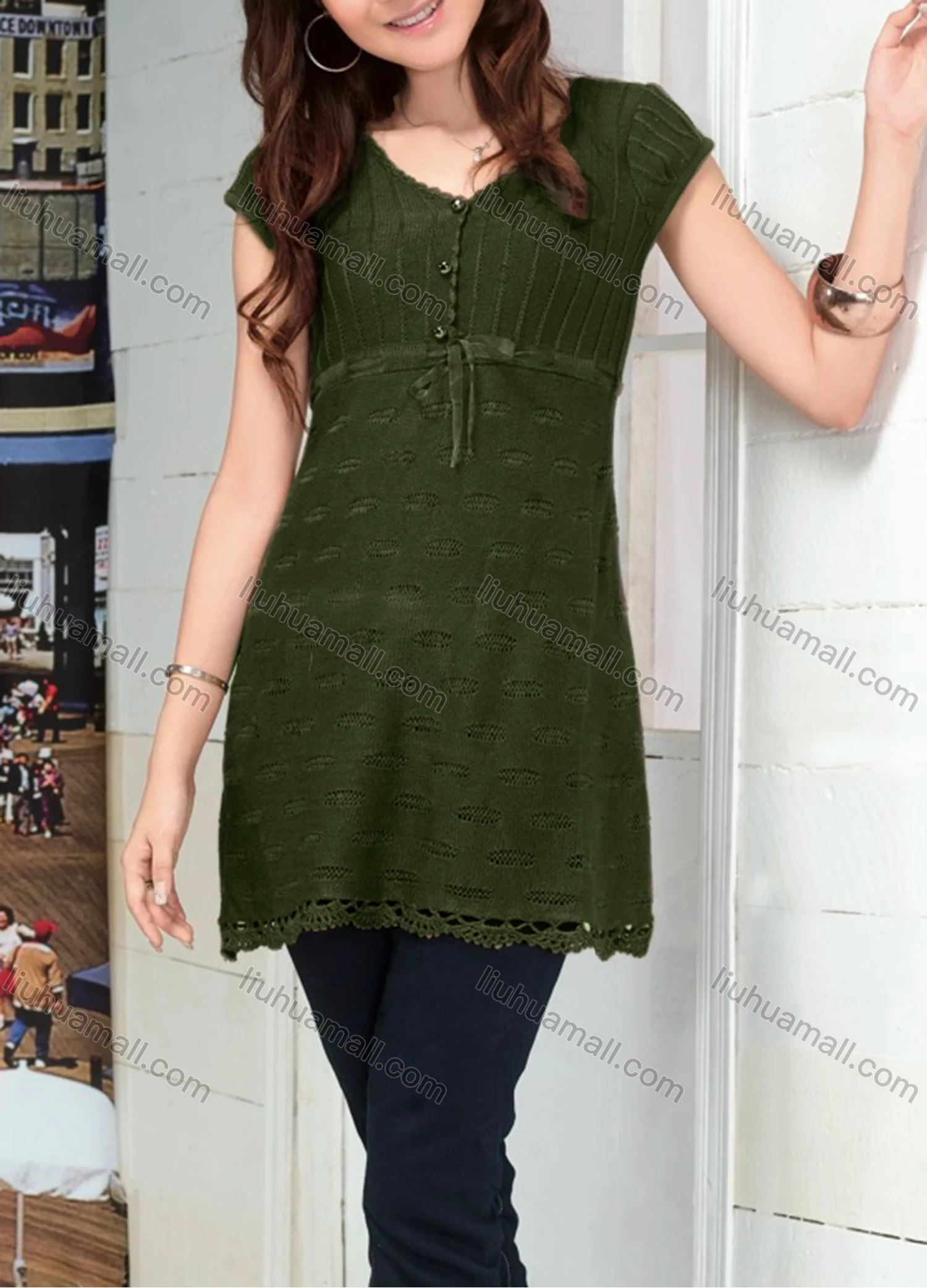 Wholesale Women's Casual Plain V Neck Short Sleeve Button Front Hollow Out Cable Knit Sweater Top 086# - Liuhuamall