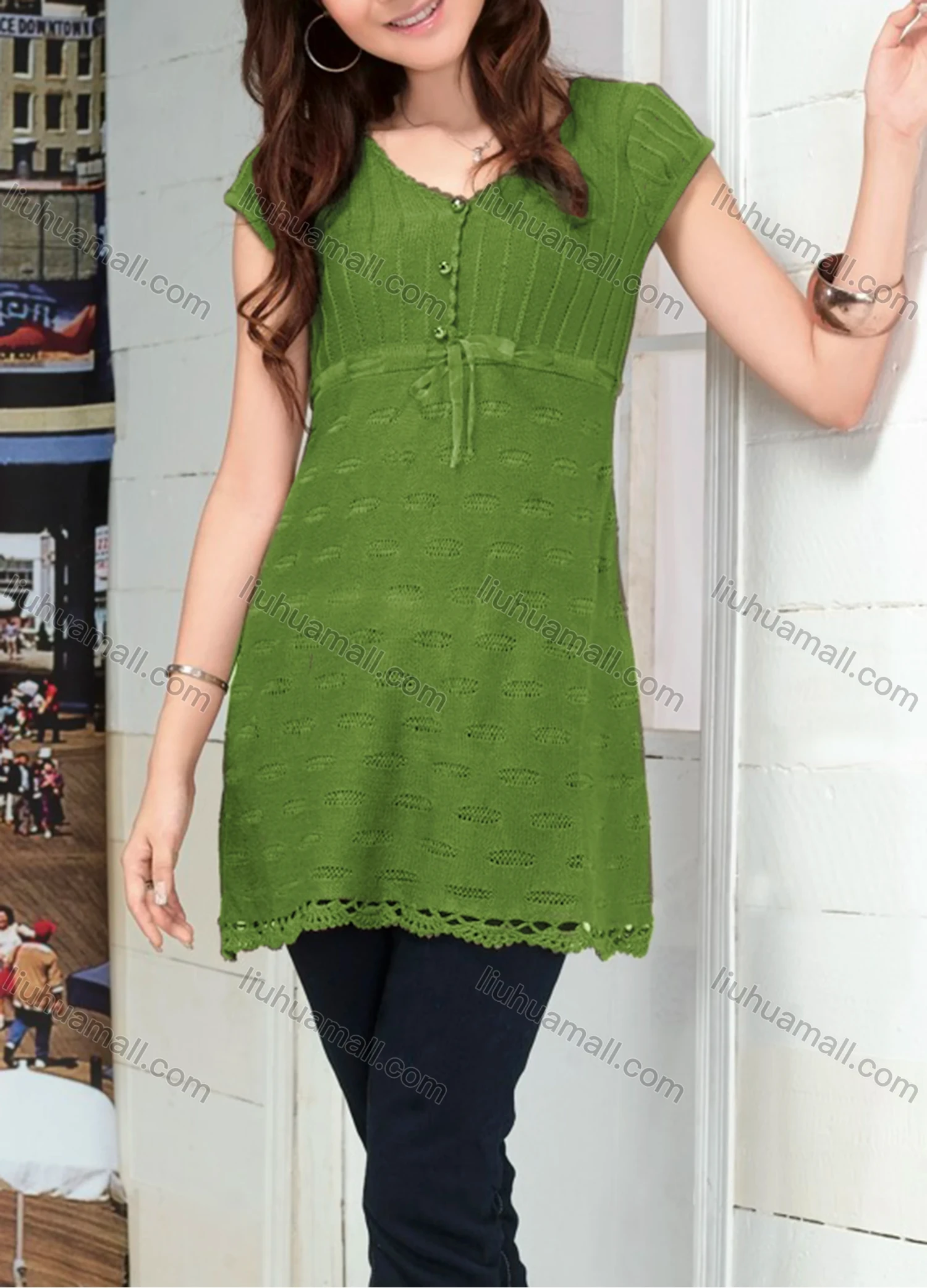 Wholesale Women's Casual Plain V Neck Short Sleeve Button Front Hollow Out Cable Knit Sweater Top 086# - Liuhuamall