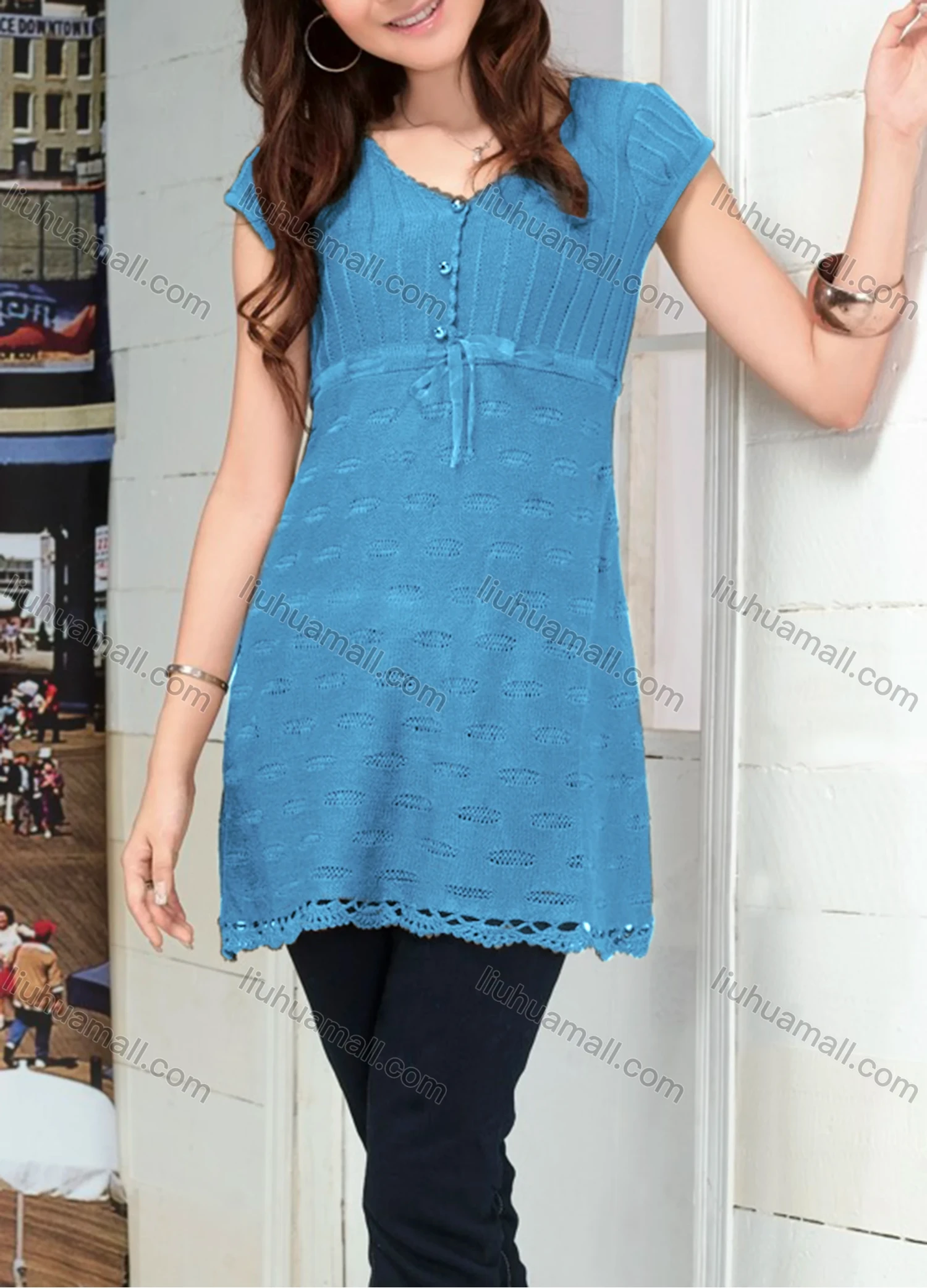 Wholesale Women's Casual Plain V Neck Short Sleeve Button Front Hollow Out Cable Knit Sweater Top 086# - Liuhuamall