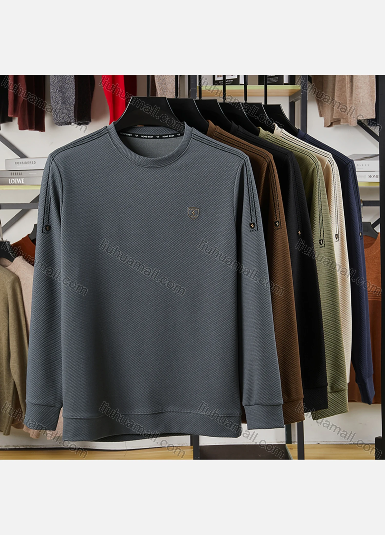 Wholesale Men's Casual Plain Label Print Striped Trim Round Neck Long Sleeve Sweatshirt 727# - Liuhuamall