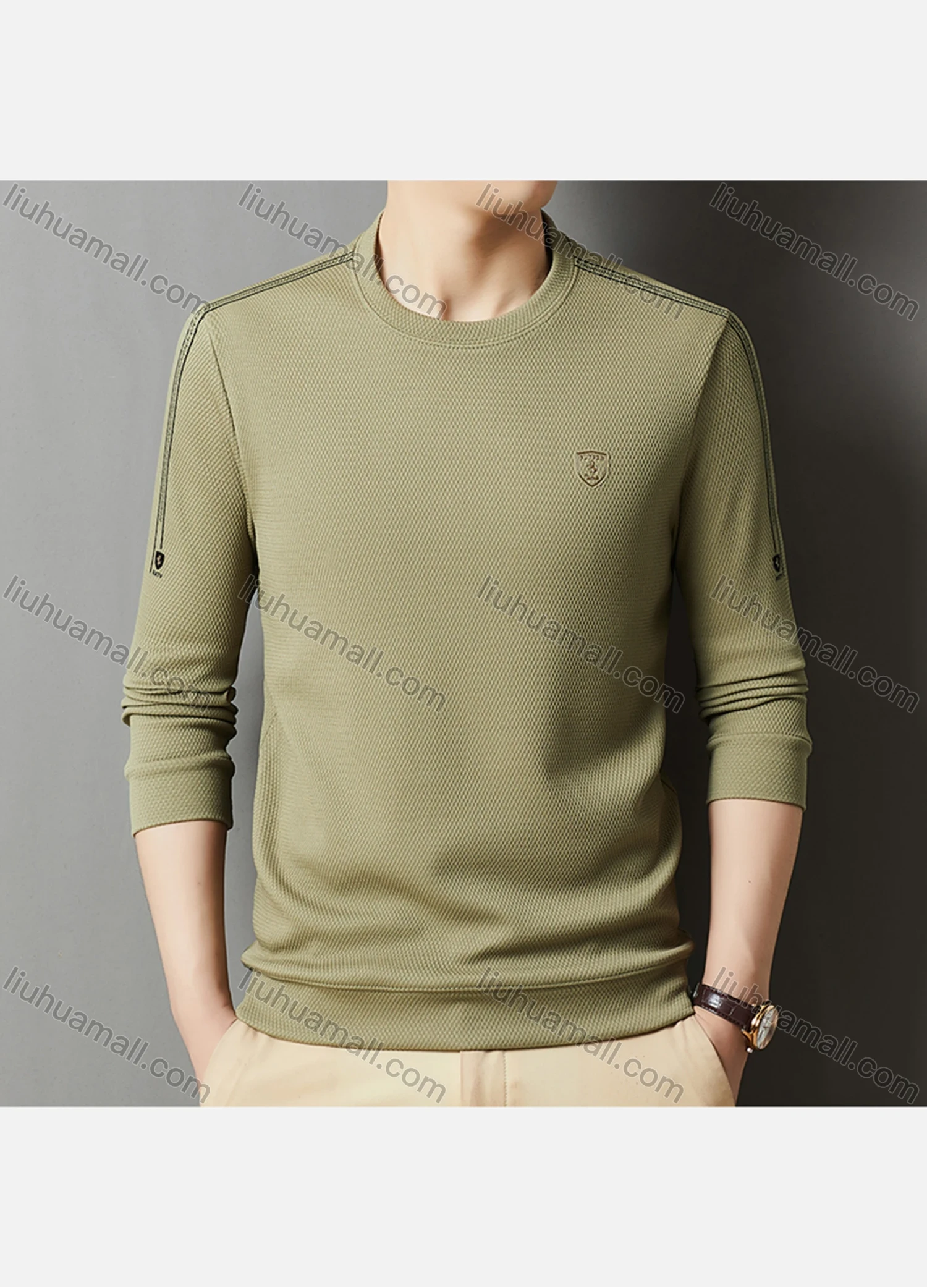 Wholesale Men's Casual Plain Label Print Striped Trim Round Neck Long Sleeve Sweatshirt 727# - Liuhuamall