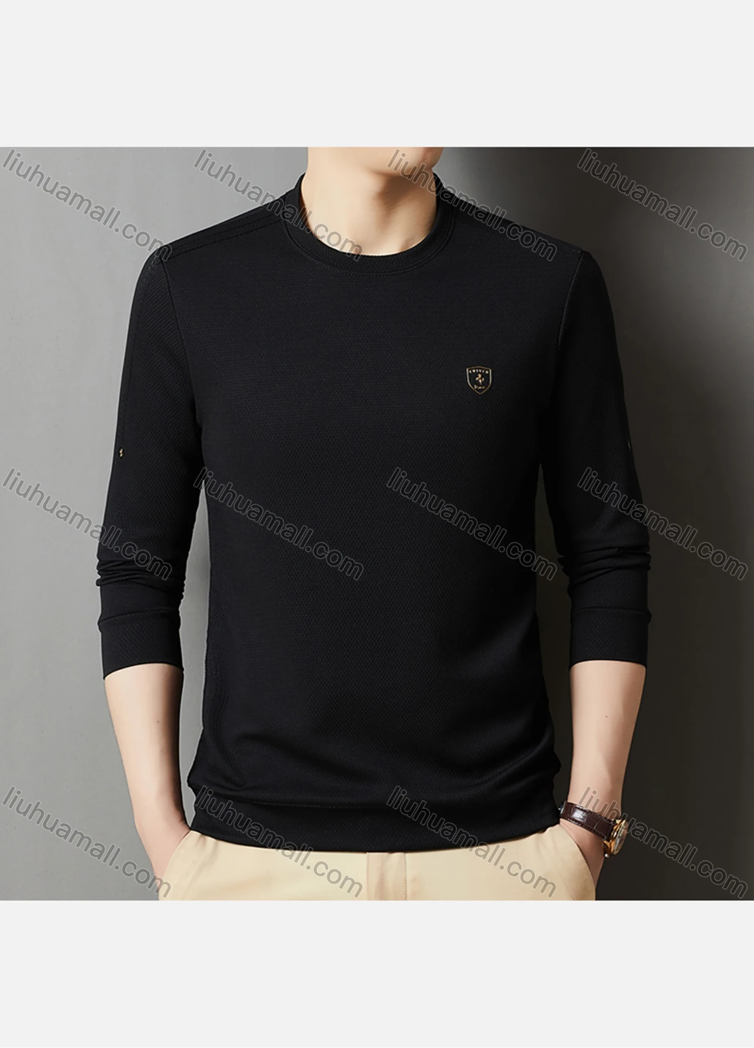 Wholesale Men's Casual Plain Label Print Striped Trim Round Neck Long Sleeve Sweatshirt 727# - Liuhuamall