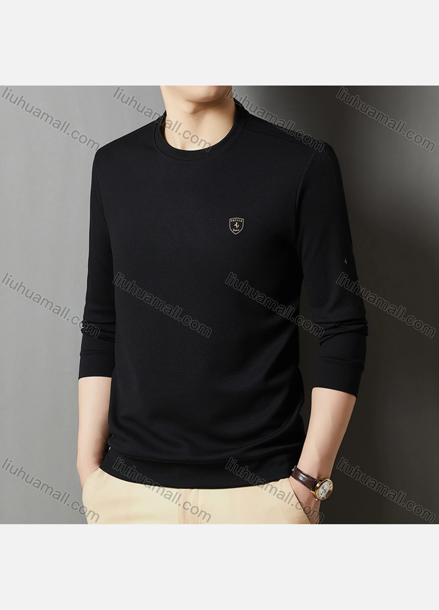 Wholesale Men's Casual Plain Label Print Striped Trim Round Neck Long Sleeve Sweatshirt 727# - Liuhuamall