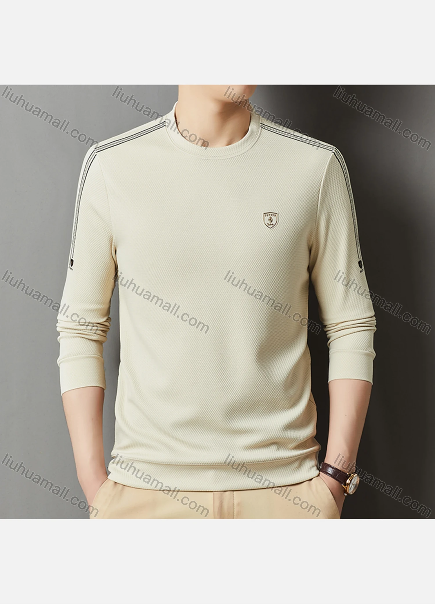 Wholesale Men's Casual Plain Label Print Striped Trim Round Neck Long Sleeve Sweatshirt 727# - Liuhuamall