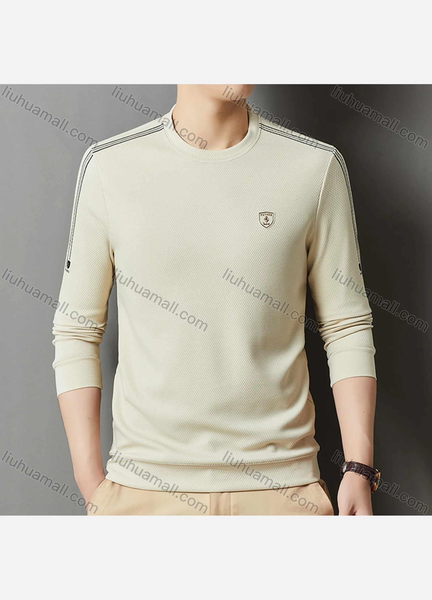Wholesale Men's Casual Plain Label Print Striped Trim Round Neck Long Sleeve Sweatshirt 727# - Liuhuamall