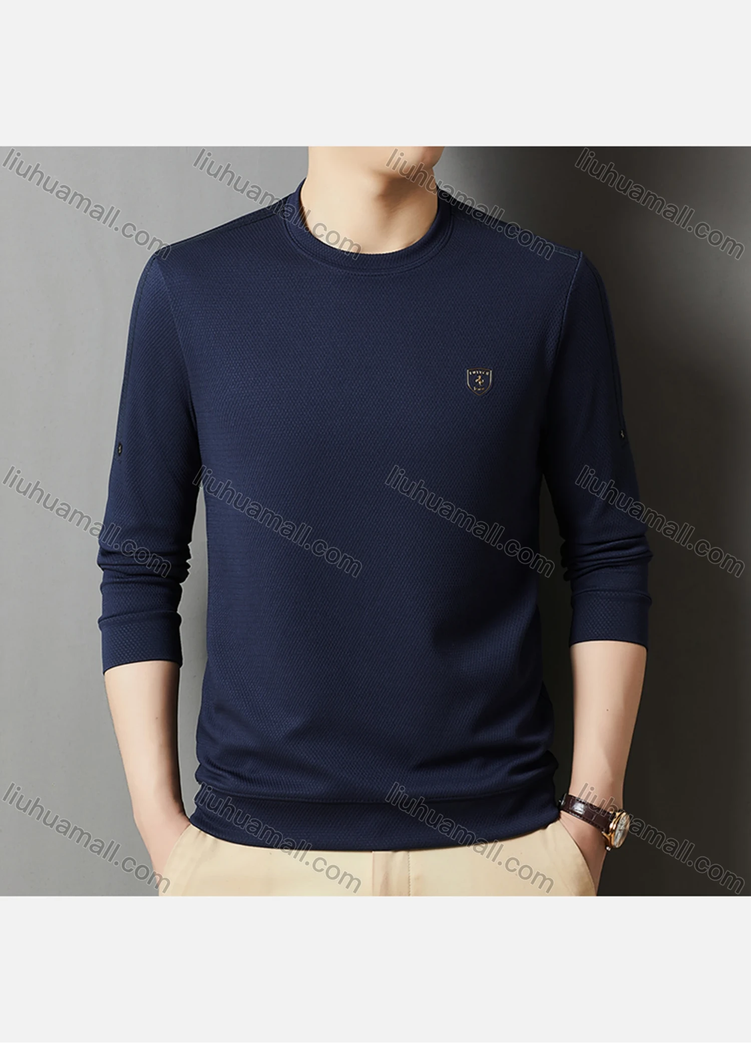Wholesale Men's Casual Plain Label Print Striped Trim Round Neck Long Sleeve Sweatshirt 727# - Liuhuamall