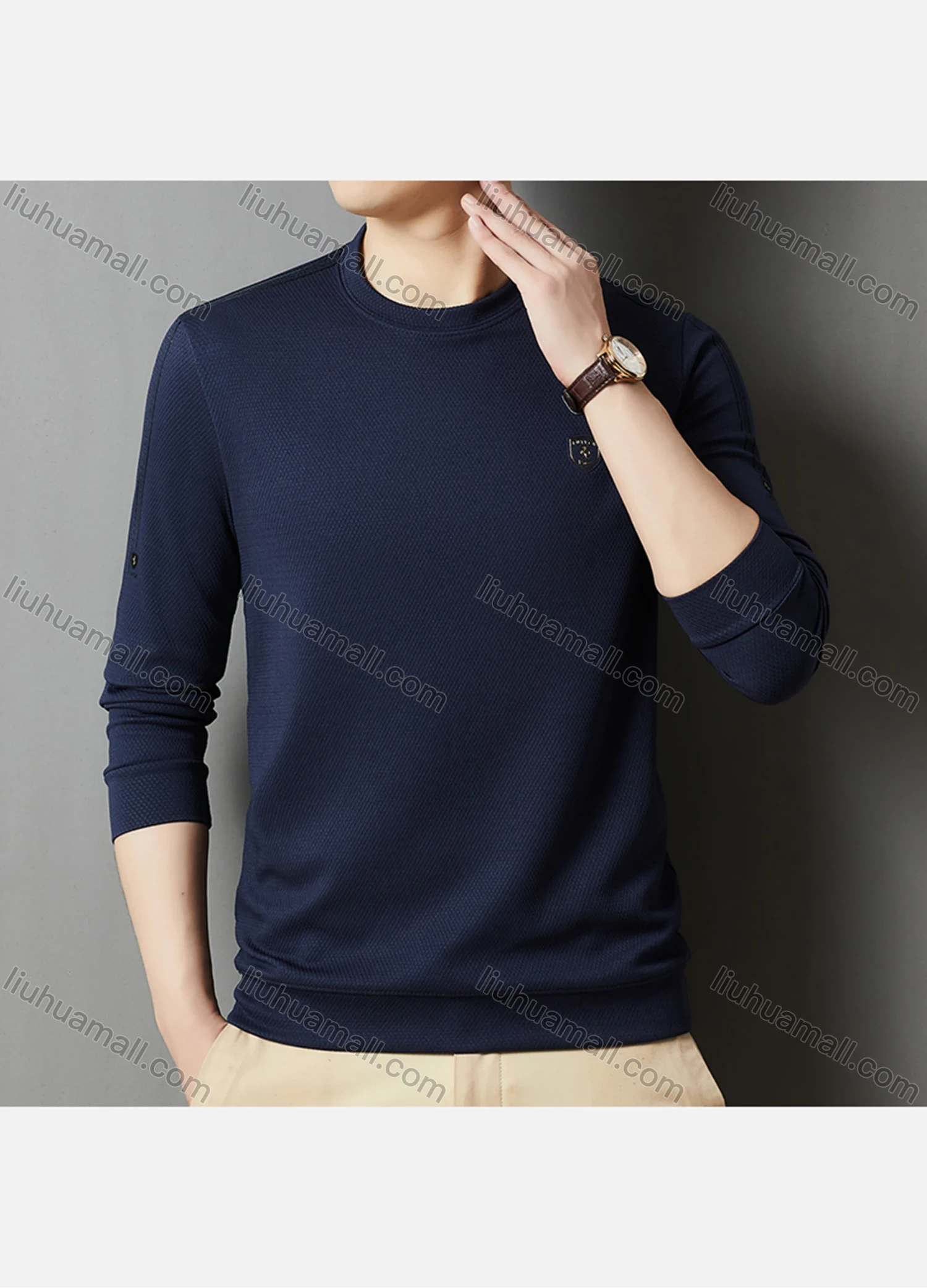 Wholesale Men's Casual Plain Label Print Striped Trim Round Neck Long Sleeve Sweatshirt 727# - Liuhuamall