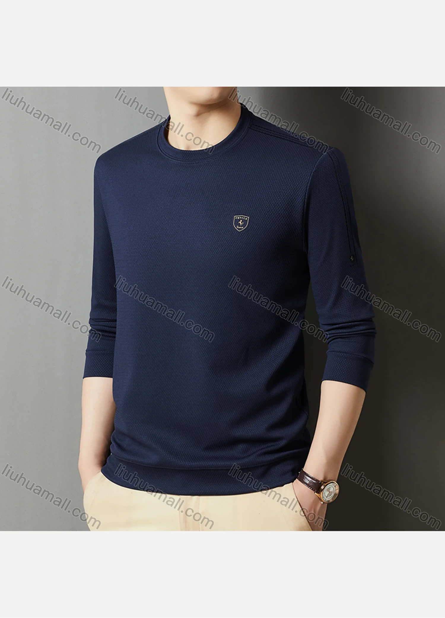 Wholesale Men's Casual Plain Label Print Striped Trim Round Neck Long Sleeve Sweatshirt 727# - Liuhuamall