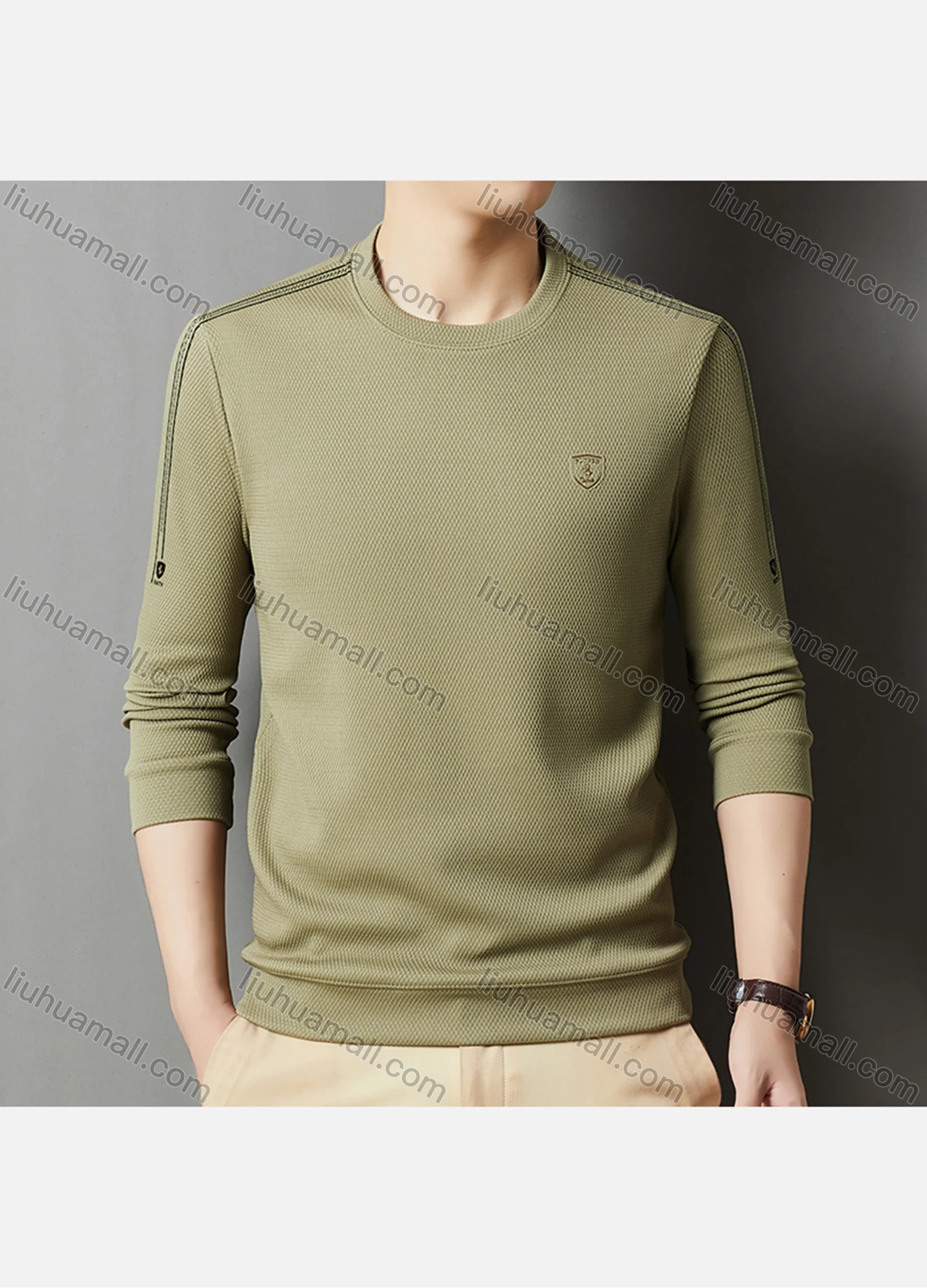 Wholesale Men's Casual Plain Label Print Striped Trim Round Neck Long Sleeve Sweatshirt 727# - Liuhuamall