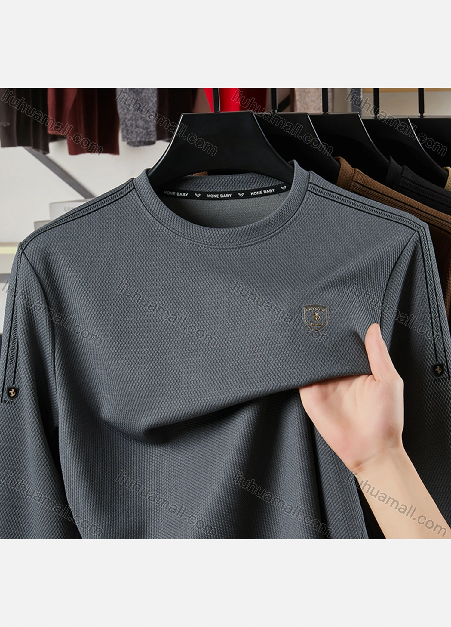 Wholesale Men's Casual Plain Label Print Striped Trim Round Neck Long Sleeve Sweatshirt 727# - Liuhuamall