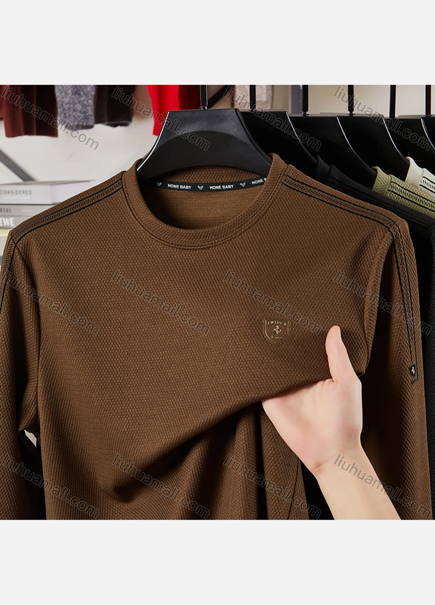 Wholesale Men's Casual Plain Label Print Striped Trim Round Neck Long Sleeve Sweatshirt 727# - Liuhuamall
