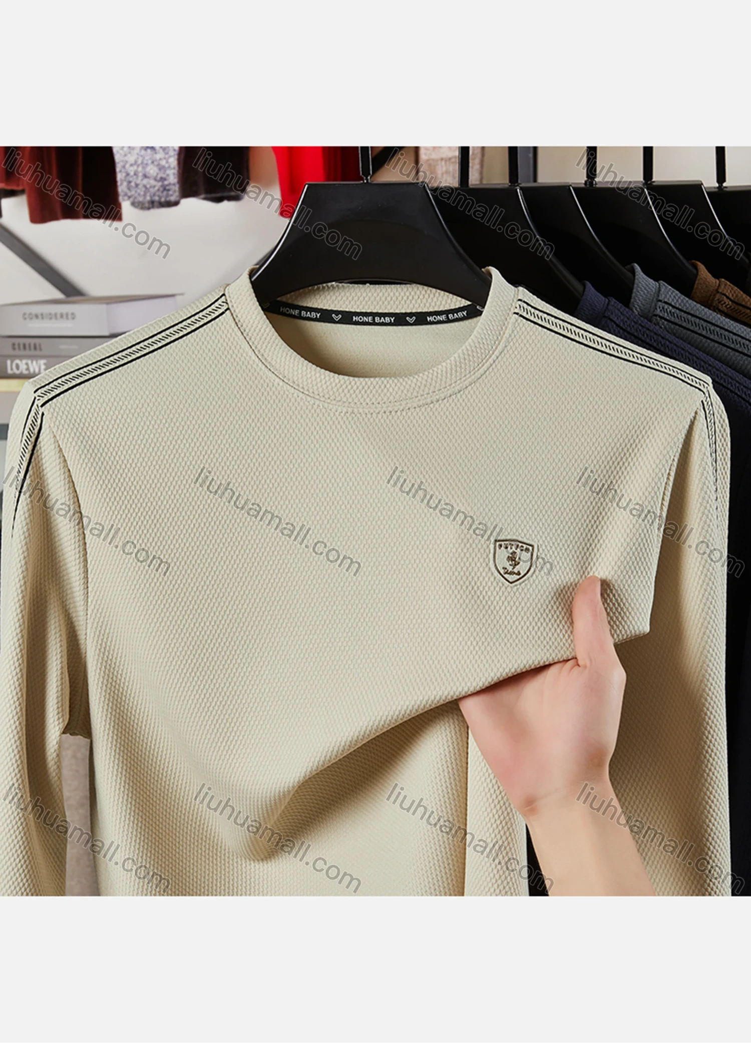 Wholesale Men's Casual Plain Label Print Striped Trim Round Neck Long Sleeve Sweatshirt 727# - Liuhuamall