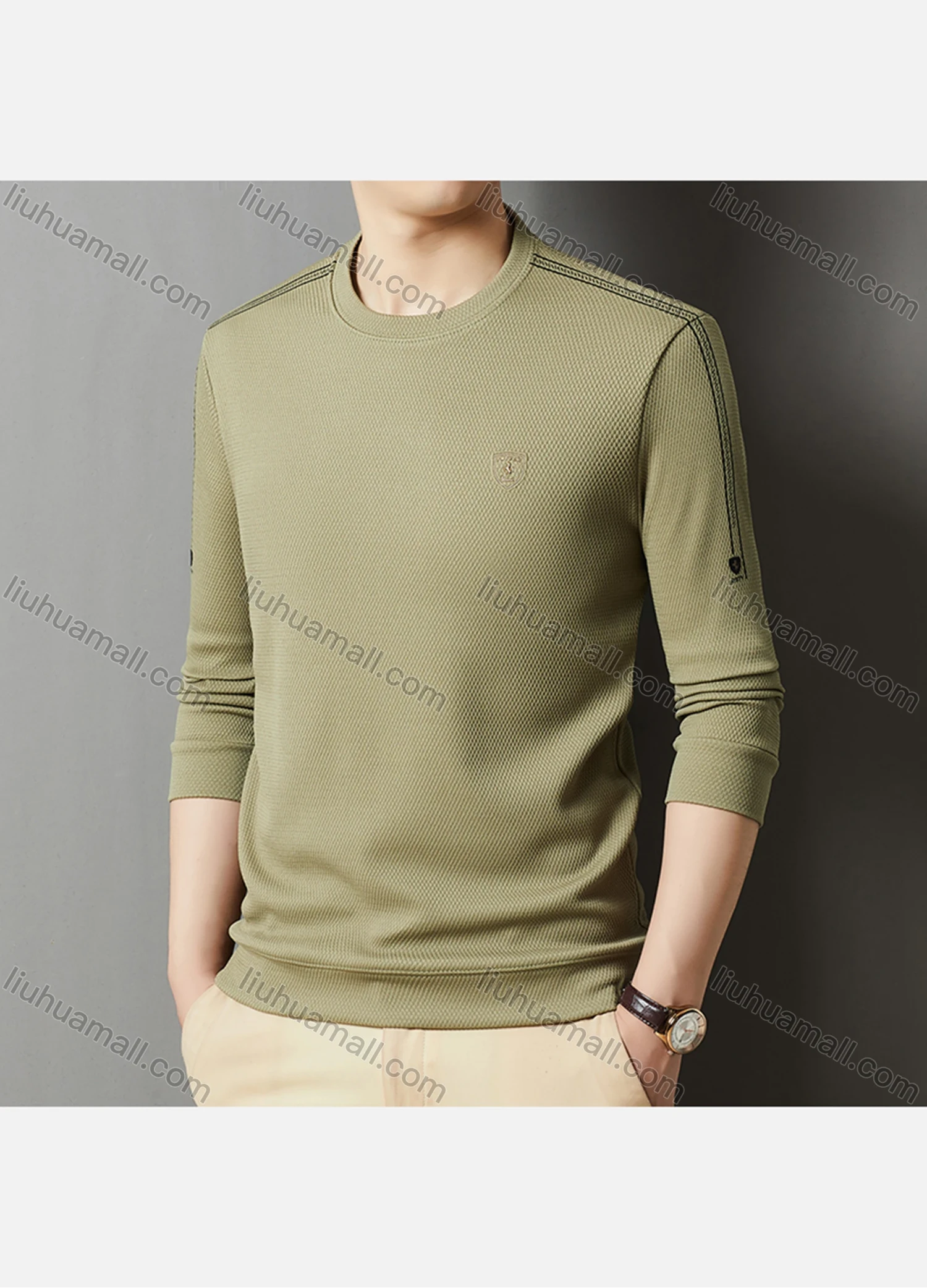 Wholesale Men's Casual Plain Label Print Striped Trim Round Neck Long Sleeve Sweatshirt 727# - Liuhuamall