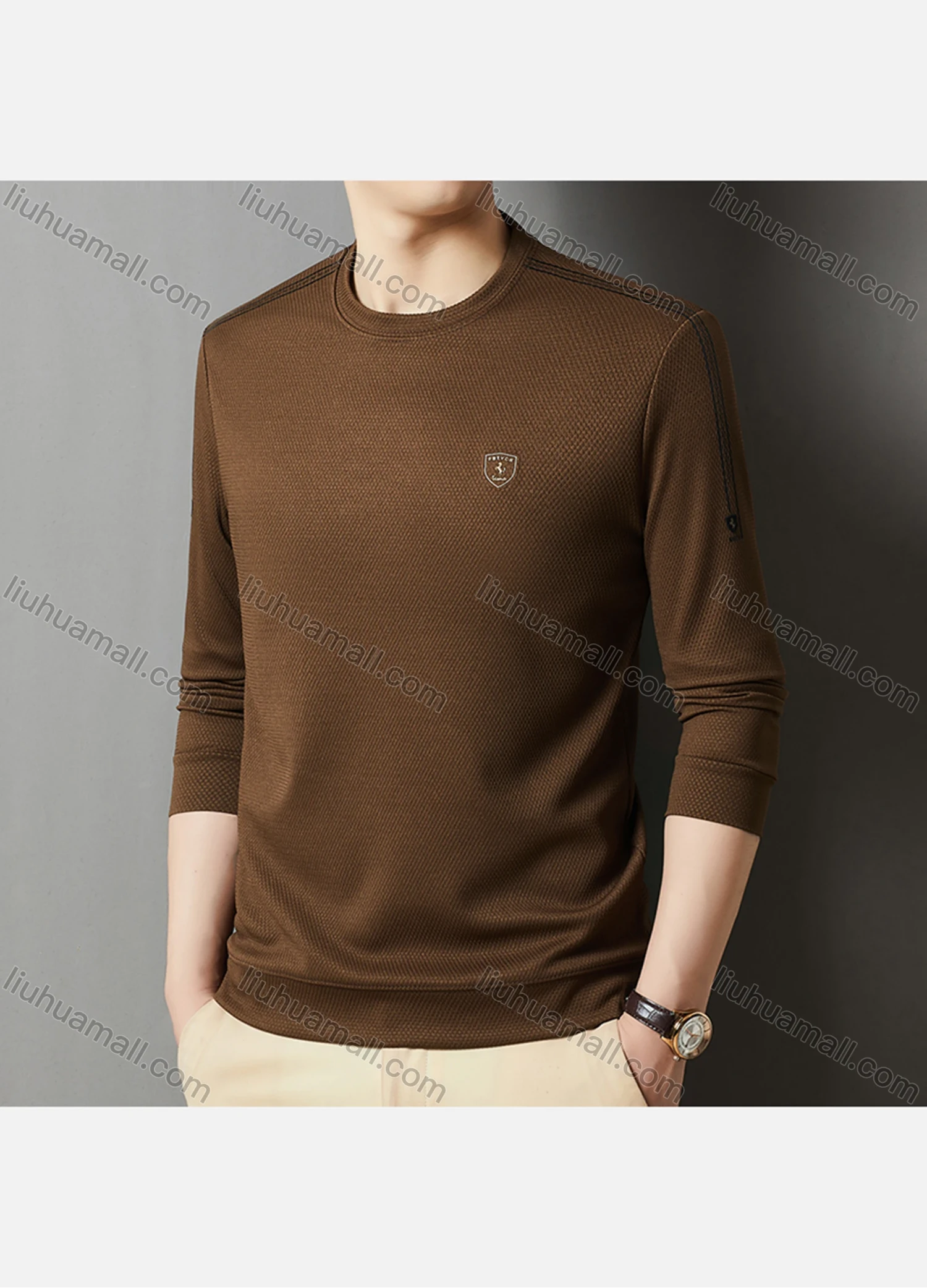 Wholesale Men's Casual Plain Label Print Striped Trim Round Neck Long Sleeve Sweatshirt 727# - Liuhuamall