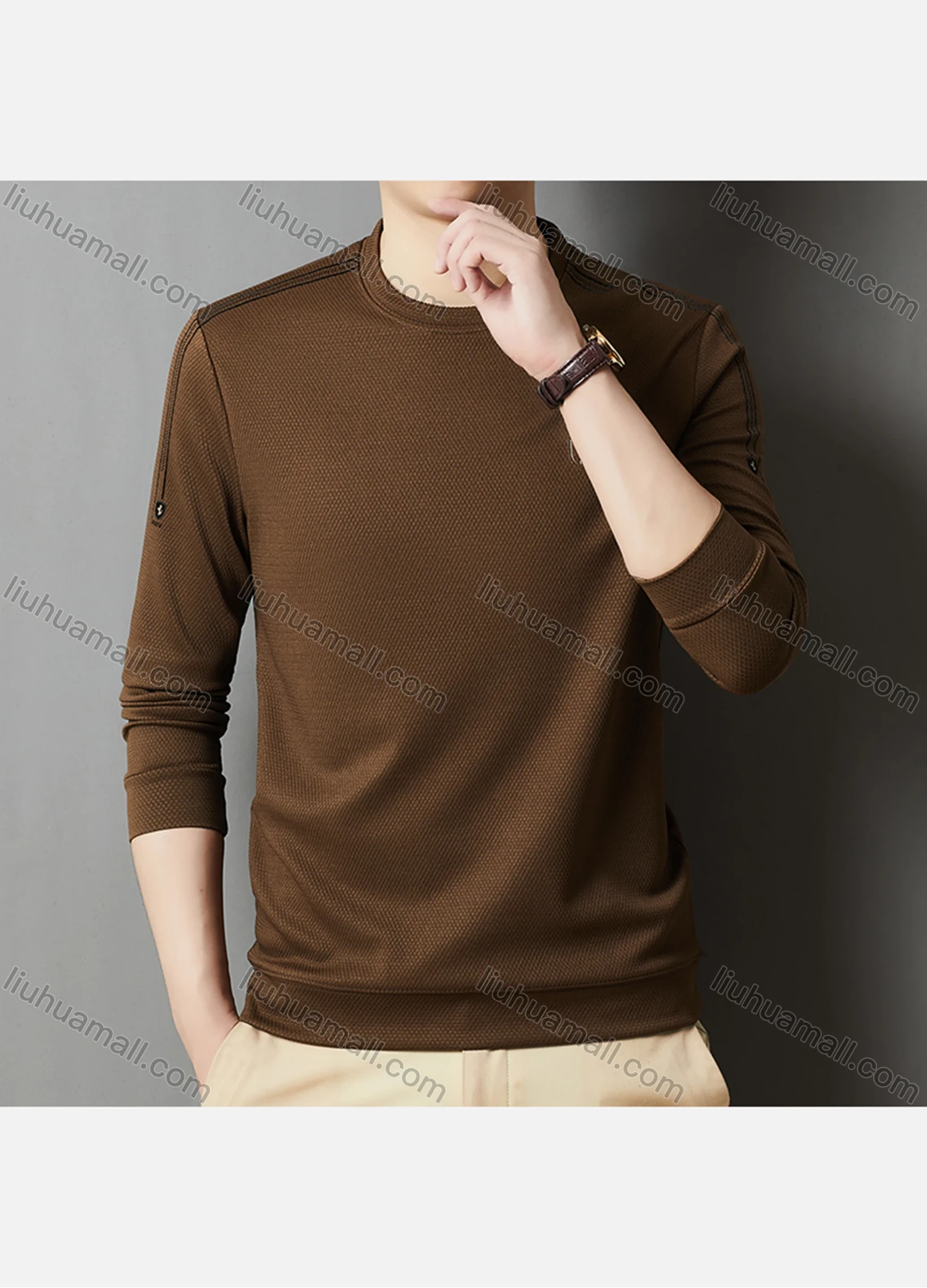 Wholesale Men's Casual Plain Label Print Striped Trim Round Neck Long Sleeve Sweatshirt 727# - Liuhuamall