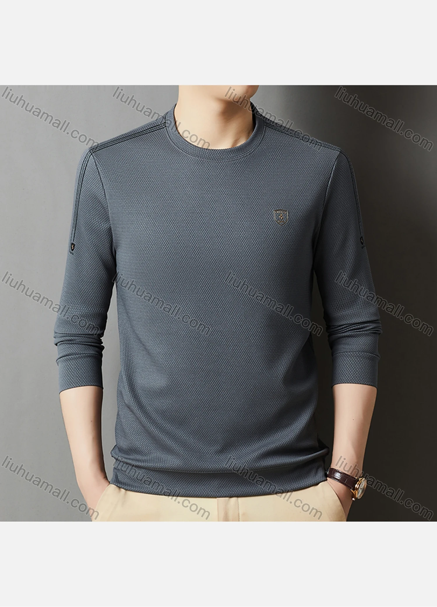 Wholesale Men's Casual Plain Label Print Striped Trim Round Neck Long Sleeve Sweatshirt 727# - Liuhuamall
