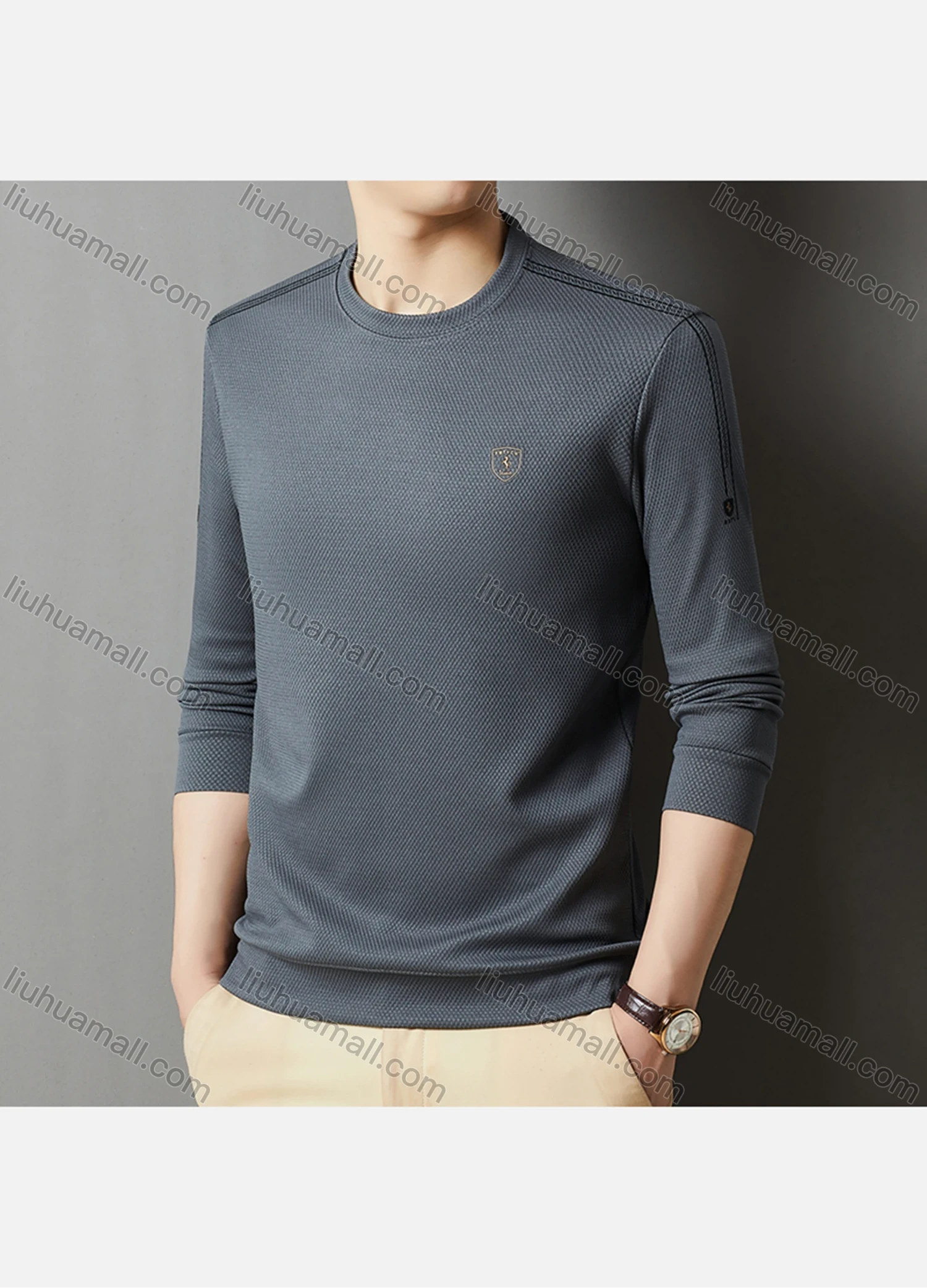 Wholesale Men's Casual Plain Label Print Striped Trim Round Neck Long Sleeve Sweatshirt 727# - Liuhuamall