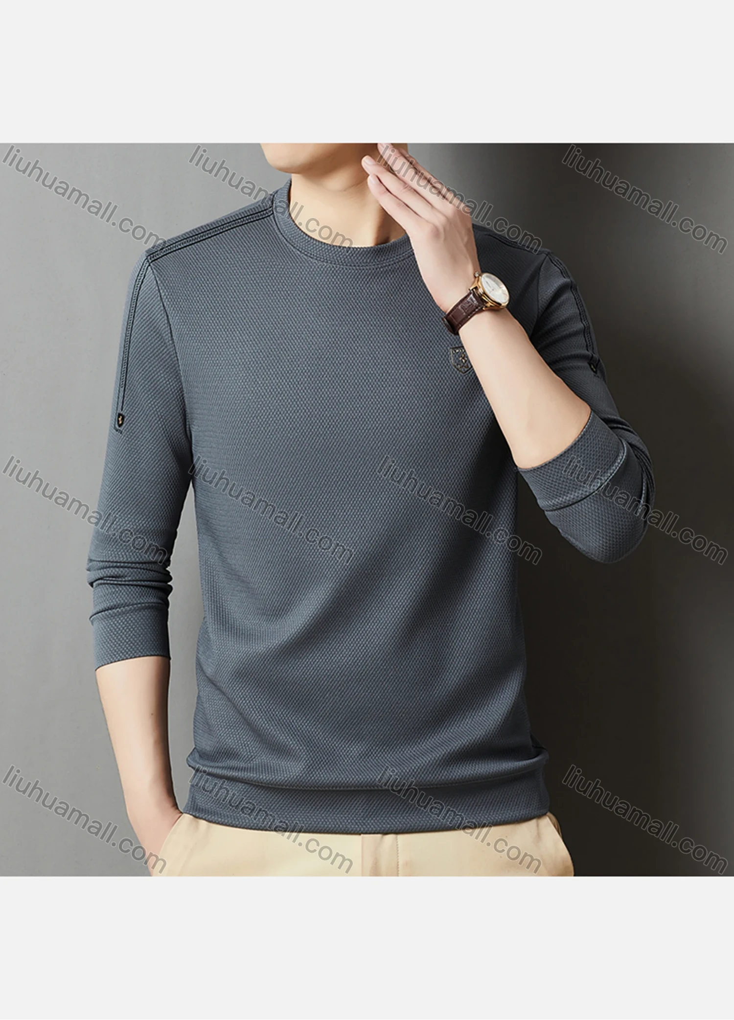 Wholesale Men's Casual Plain Label Print Striped Trim Round Neck Long Sleeve Sweatshirt 727# - Liuhuamall