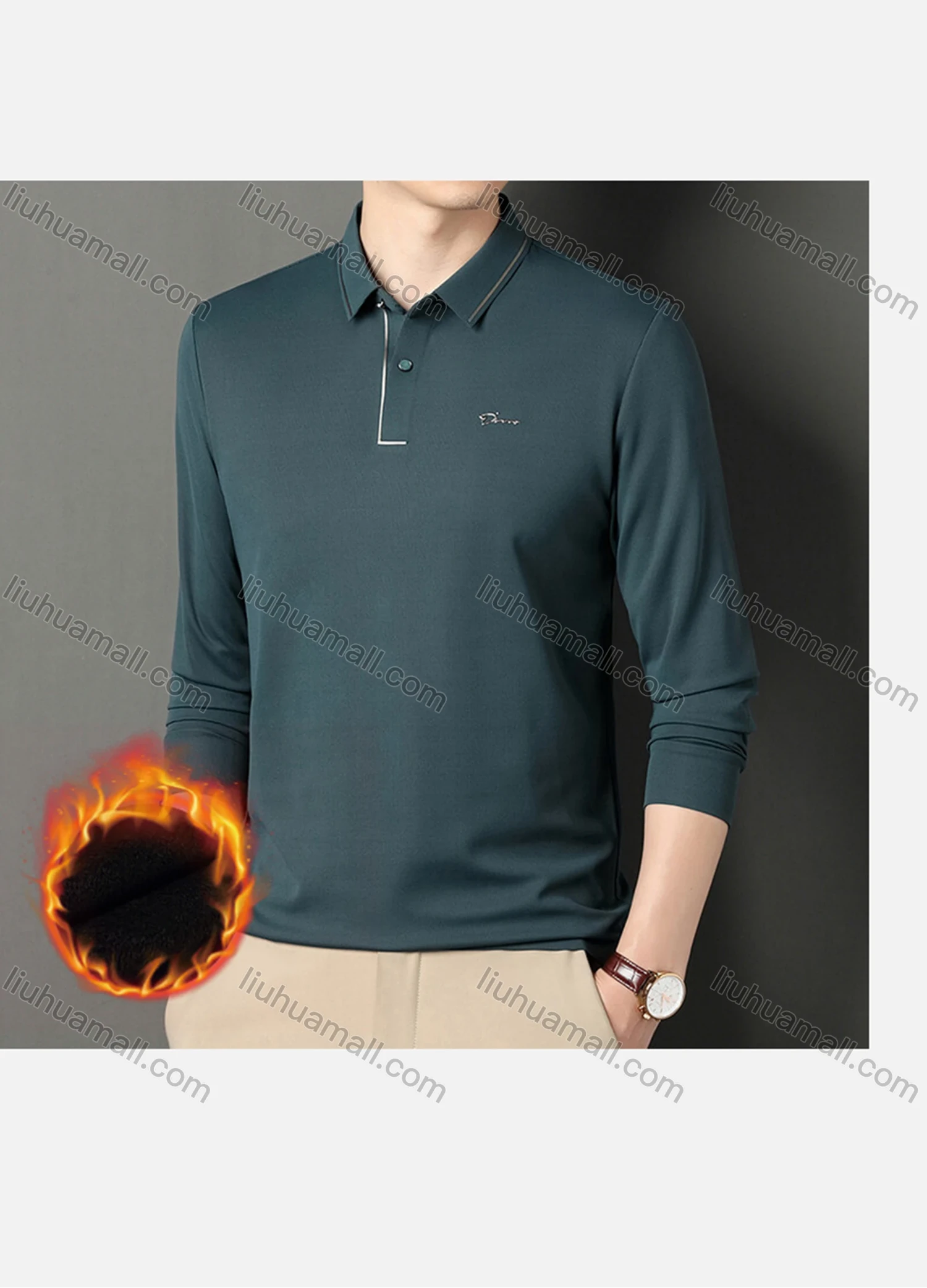 Wholesale Men's Casual Plain Striped Trim Long Sleeve Thermal Lined Polo Shirt 2212-1# - Liuhuamall