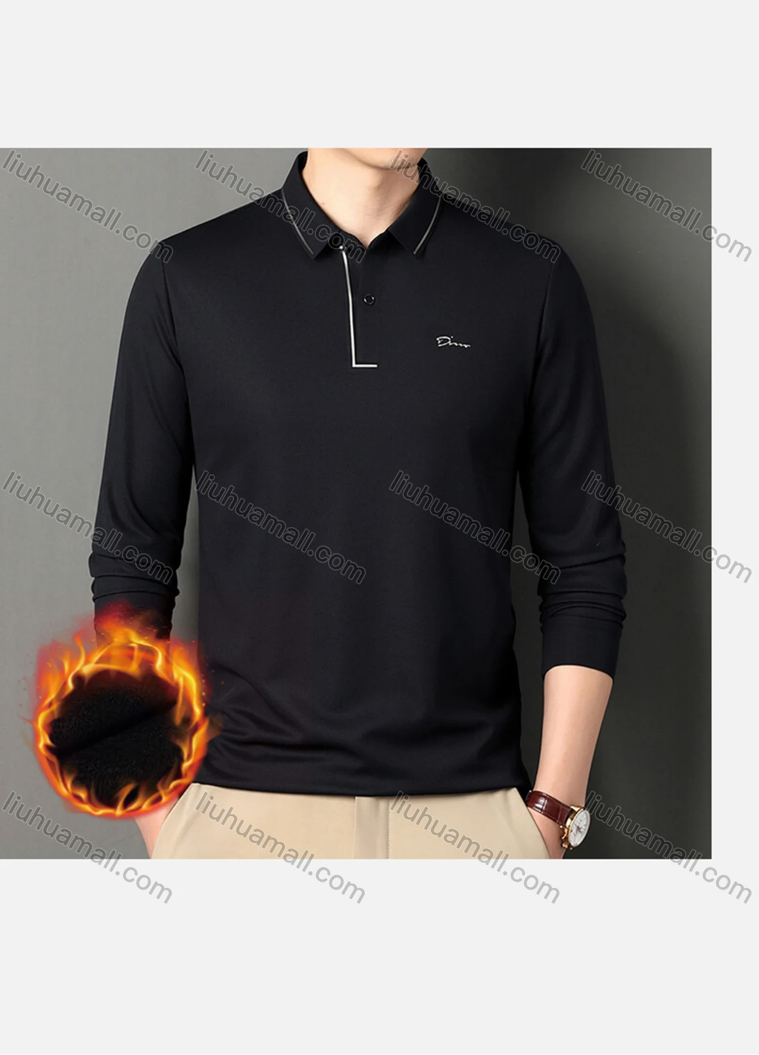 Wholesale Men's Casual Plain Striped Trim Long Sleeve Thermal Lined Polo Shirt 2212-1# - Liuhuamall