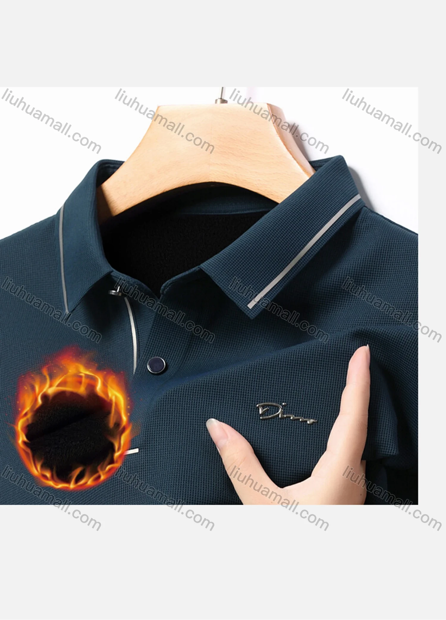 Wholesale Men's Casual Plain Striped Trim Long Sleeve Thermal Lined Polo Shirt 2212-1# - Liuhuamall