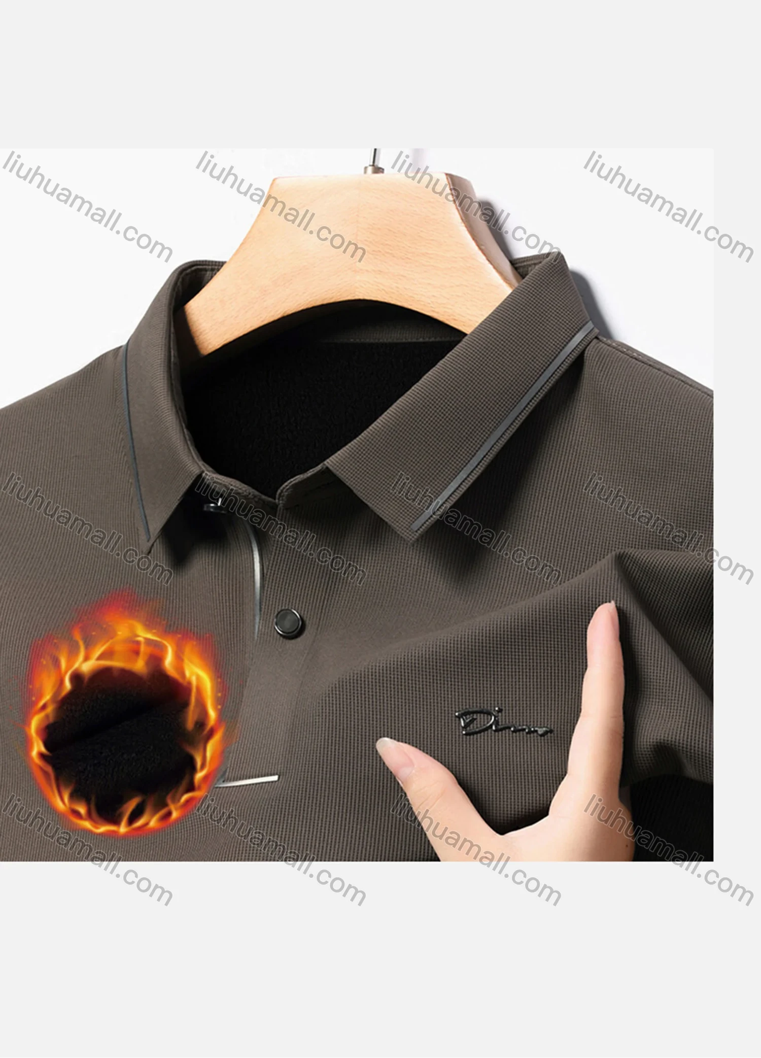 Wholesale Men's Casual Plain Striped Trim Long Sleeve Thermal Lined Polo Shirt 2212-1# - Liuhuamall