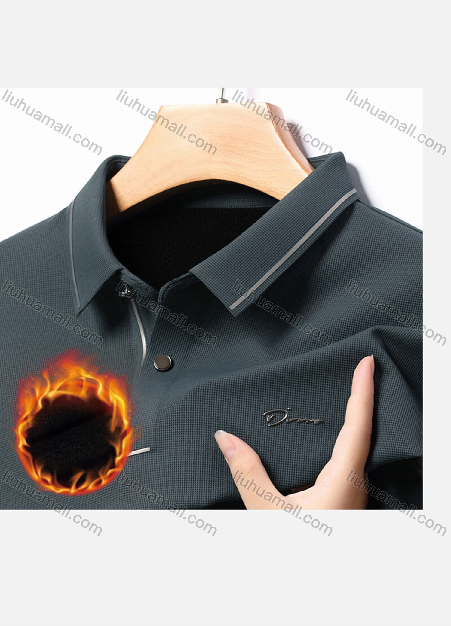 Wholesale Men's Casual Plain Striped Trim Long Sleeve Thermal Lined Polo Shirt 2212-1# - Liuhuamall