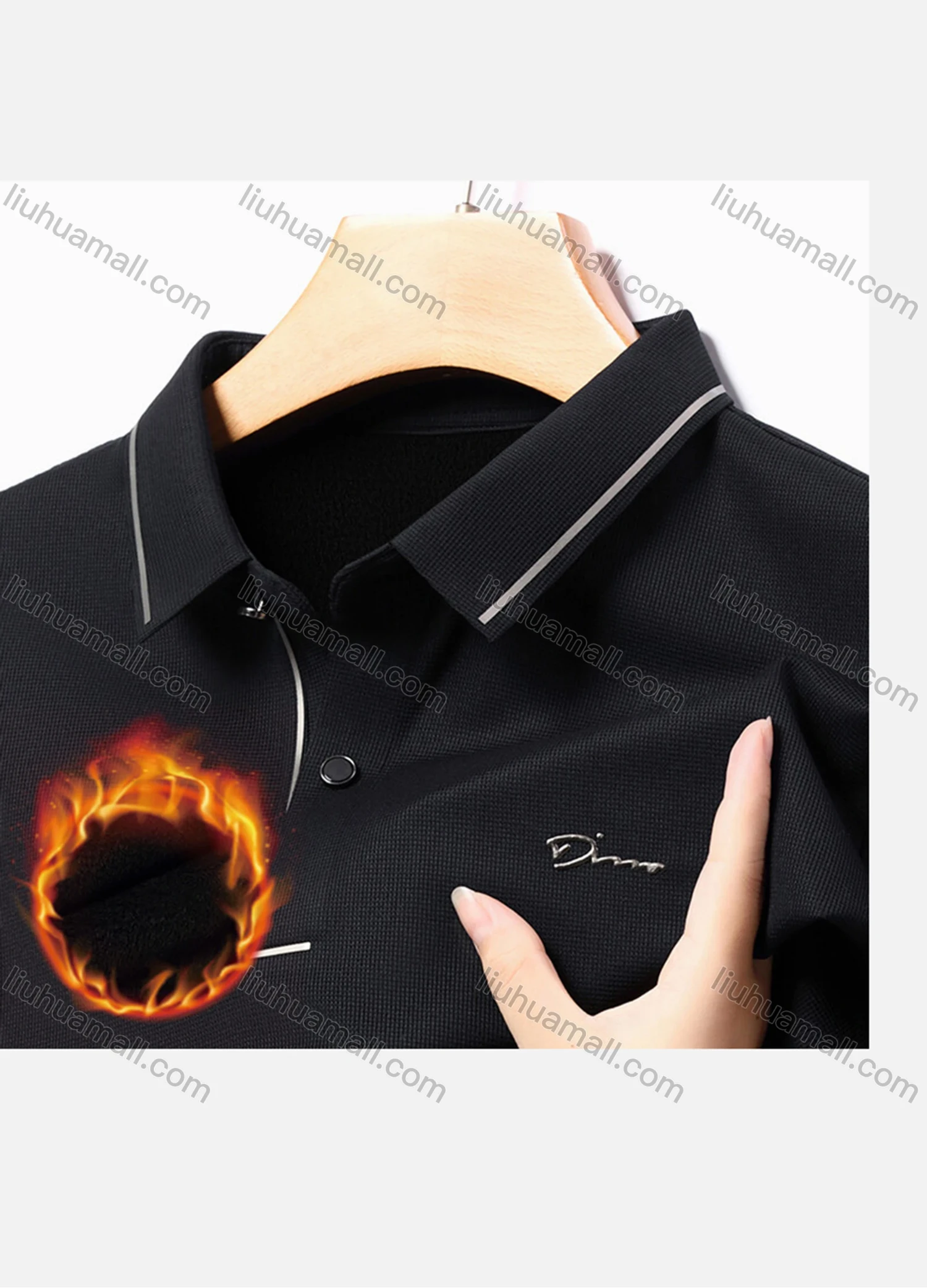 Wholesale Men's Casual Plain Striped Trim Long Sleeve Thermal Lined Polo Shirt 2212-1# - Liuhuamall