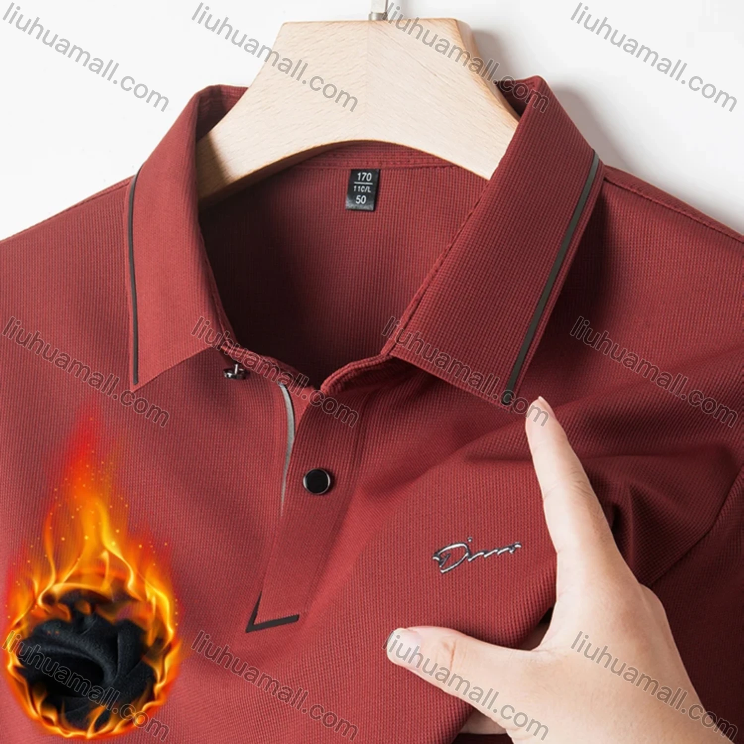 Wholesale Men's Casual Plain Striped Trim Long Sleeve Thermal Lined Polo Shirt 2212-1# - Liuhuamall