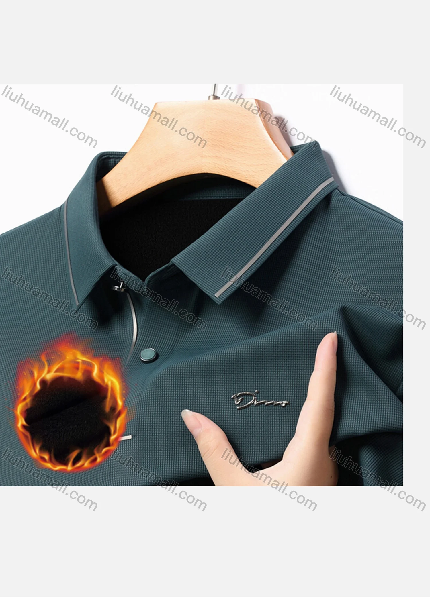 Wholesale Men's Casual Plain Striped Trim Long Sleeve Thermal Lined Polo Shirt 2212-1# - Liuhuamall