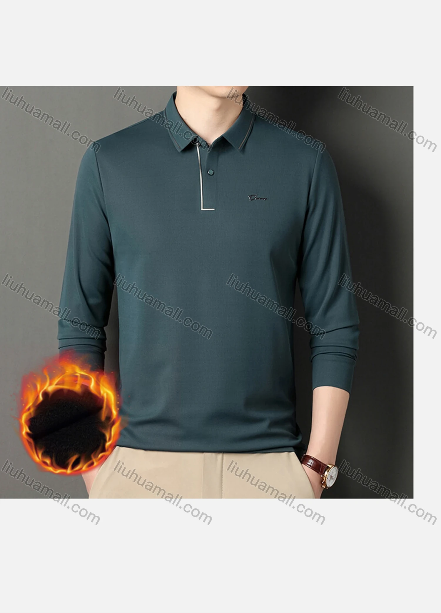Wholesale Men's Casual Plain Striped Trim Long Sleeve Thermal Lined Polo Shirt 2212-1# - Liuhuamall